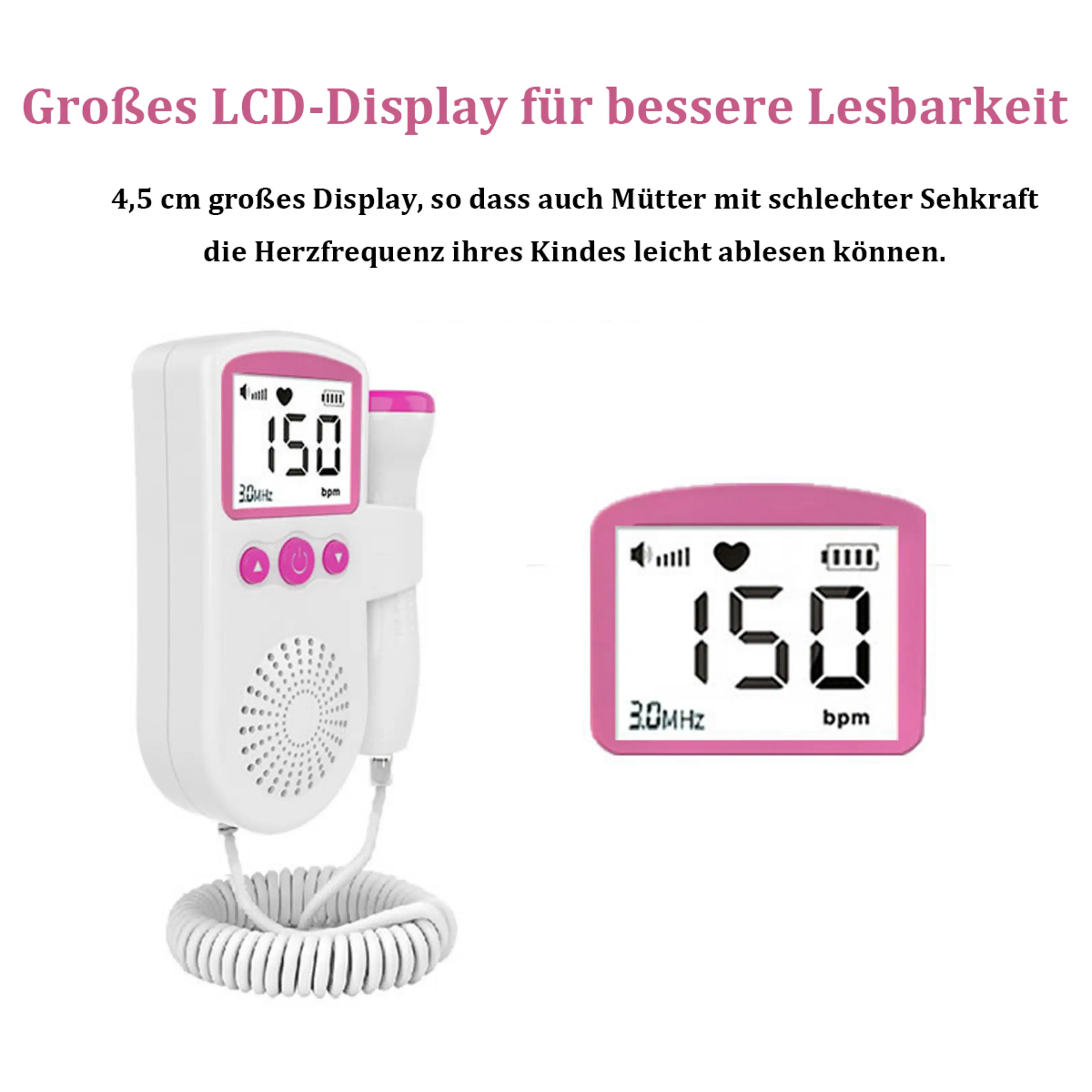 Weiß-rosa fötaler Doppler mit großem LCD-Display, das 150 bpm anzeigt.