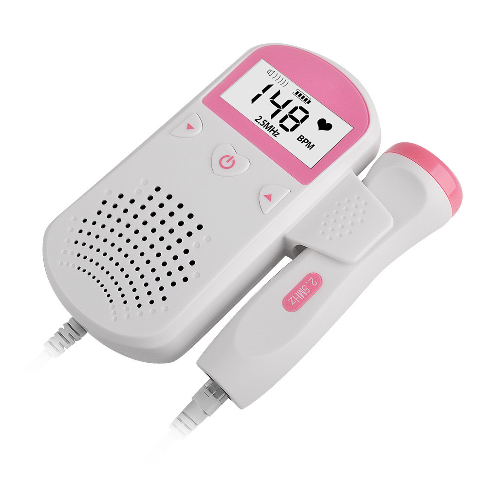 Ein weiß-rosa Fetaldoppler mit Display zeigt 148 BPM an, mit angeschlossenem Ultraschallsensor.
