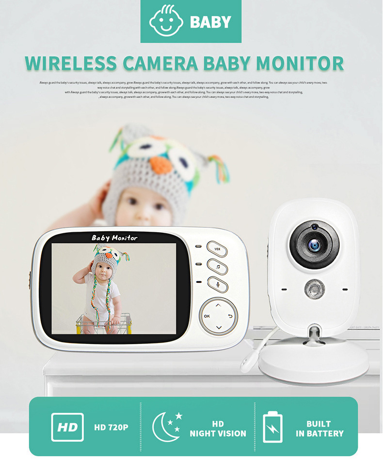 Kabelloses Babyfon mit Bildschirm und Kamera, zeigt ein Baby in einer Eulenmütze.
