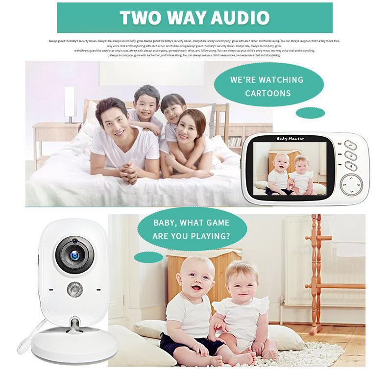 Ein Babyphone mit Kamera zeigt eine Familie im Bett und ein zweites Bild mit zwei glücklichen Kleinkindern.
