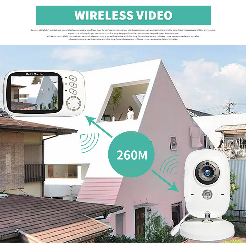 Ein Babyphone mit Monitor und Kamera zeigt eine drahtlose Reichweite von 260 Metern vor einem Haus.