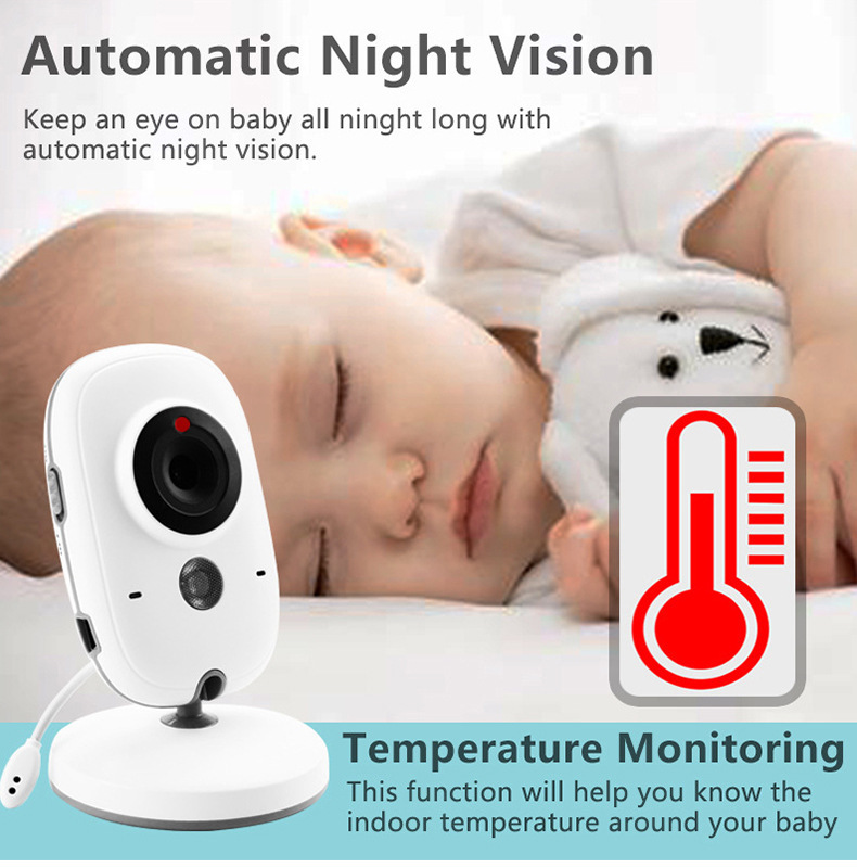 Ein Babyphone zeigt Text über Nachtsicht und Temperatur, während ein Baby schläft.