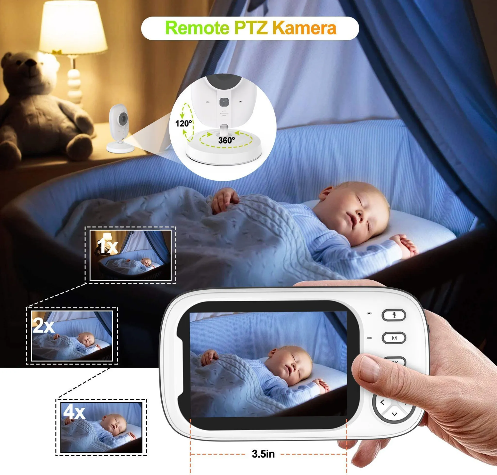 Ein Babyphone zeigt ein schlafendes Baby im Bett, mit Kamera-Zoom- und Schwenkoptionen.