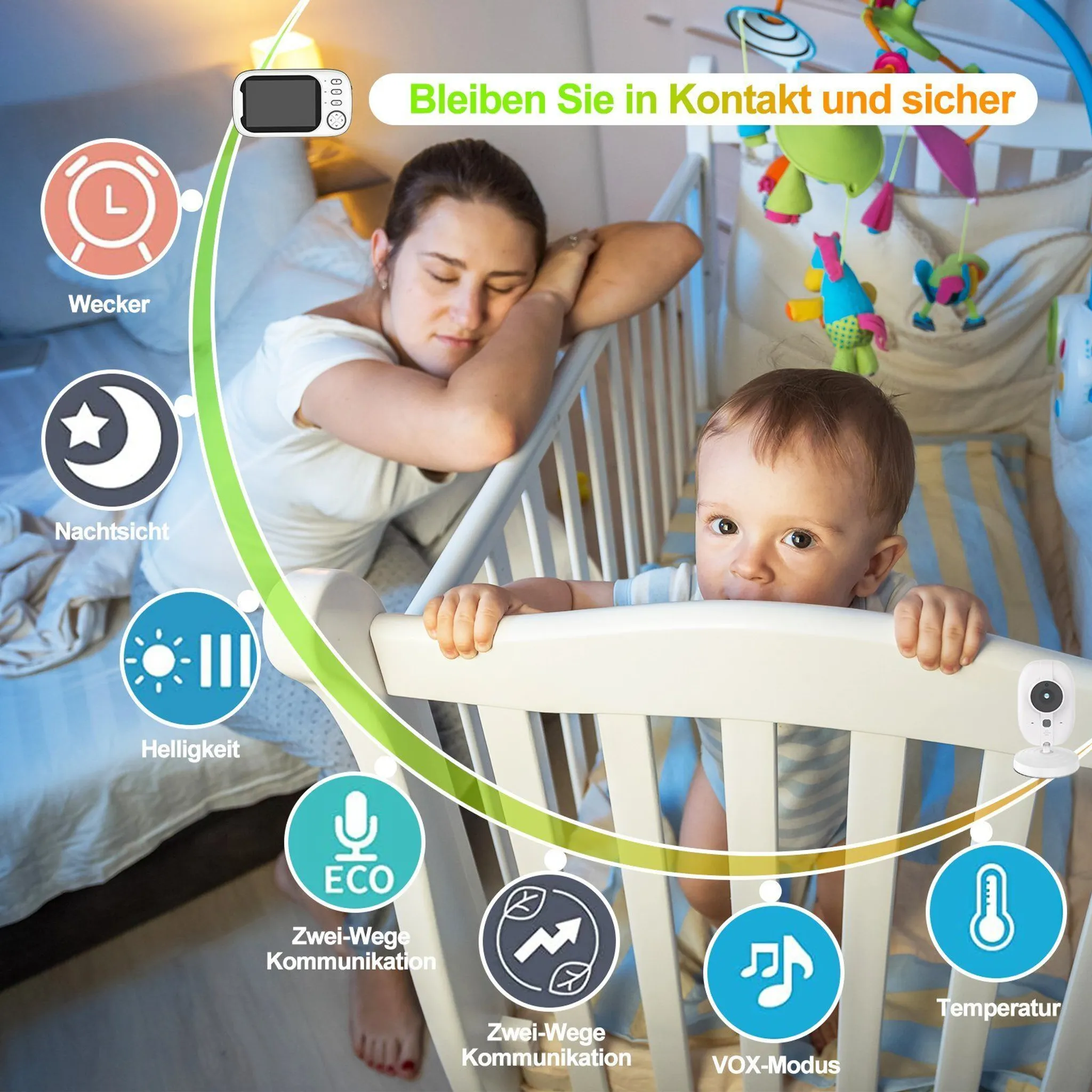 Eine Mutter schläft im Bett, während ihr Baby im Kinderbett steht. Icons zeigen Babyphone-Funktionen.