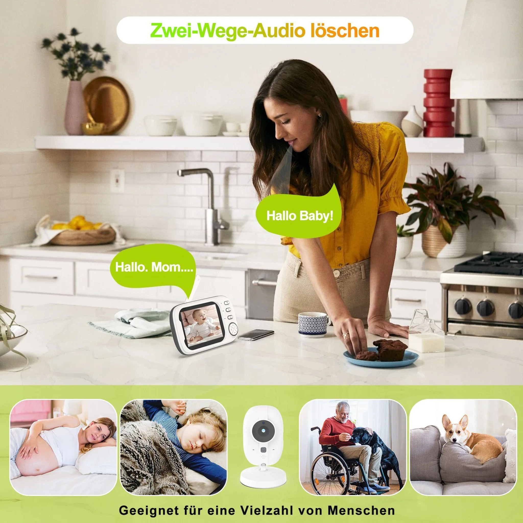 Eine Frau spricht mit einem Babyphone in der Küche, während vier weitere Bilder verschiedene Anwendungsbereiche zeigen.