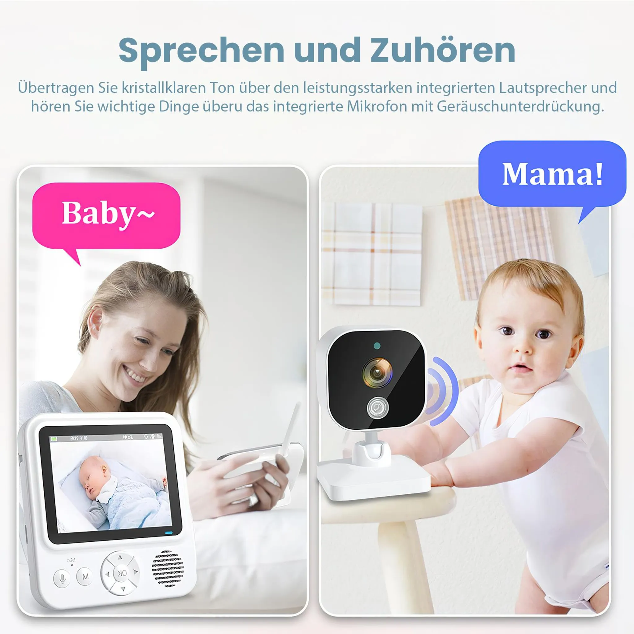 Eine Mutter beobachtet ihr Baby auf einem Videomonitor neben einer Kamera.