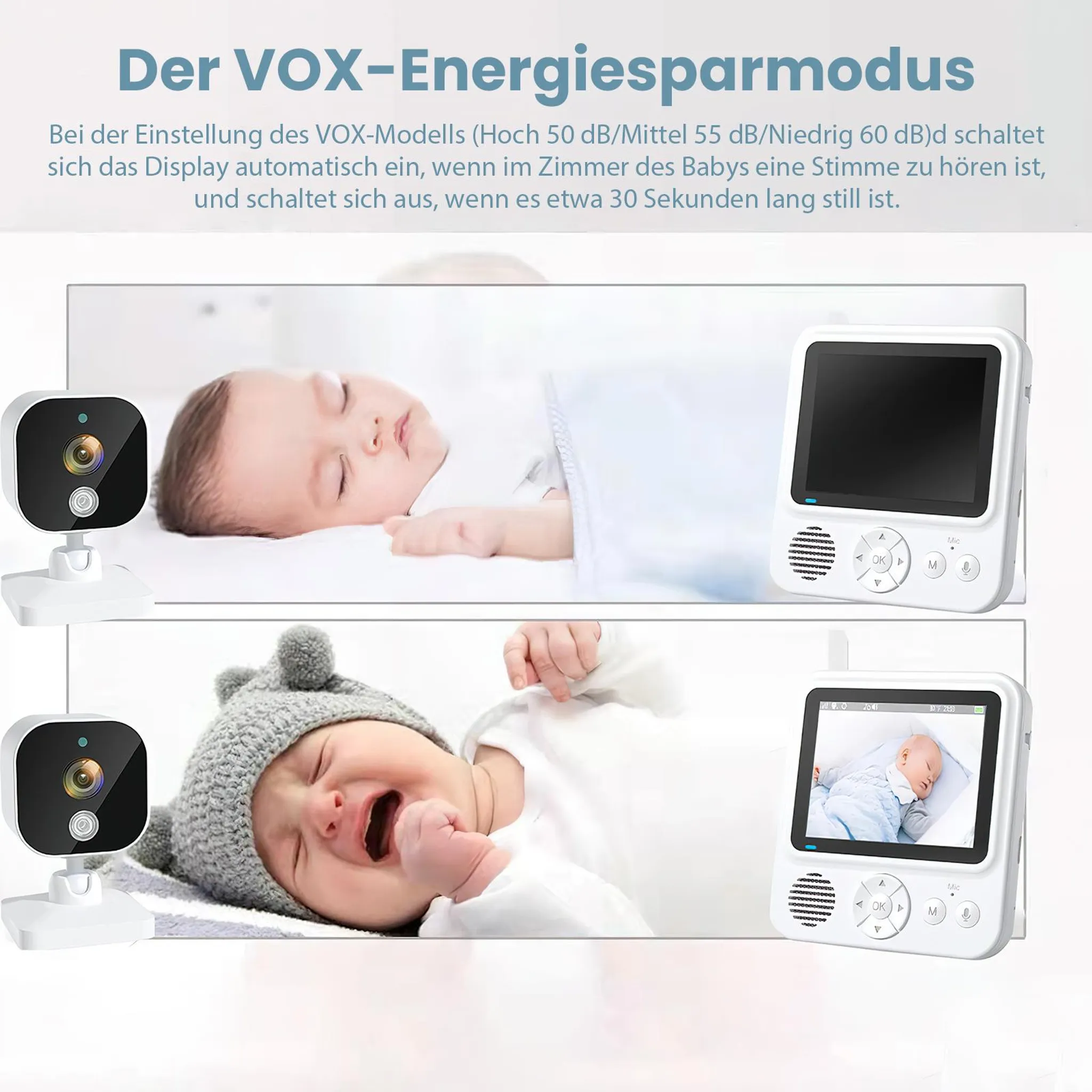 Babyphone mit VOX-Modus zeigt sleeping und crying Baby auf Display.