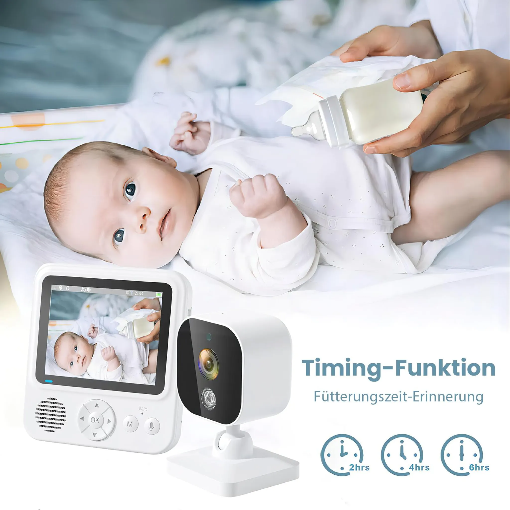 Ein Baby liegt im Bett, daneben ein Babyfon mit Kamera und Text zur Fütterungszeit.