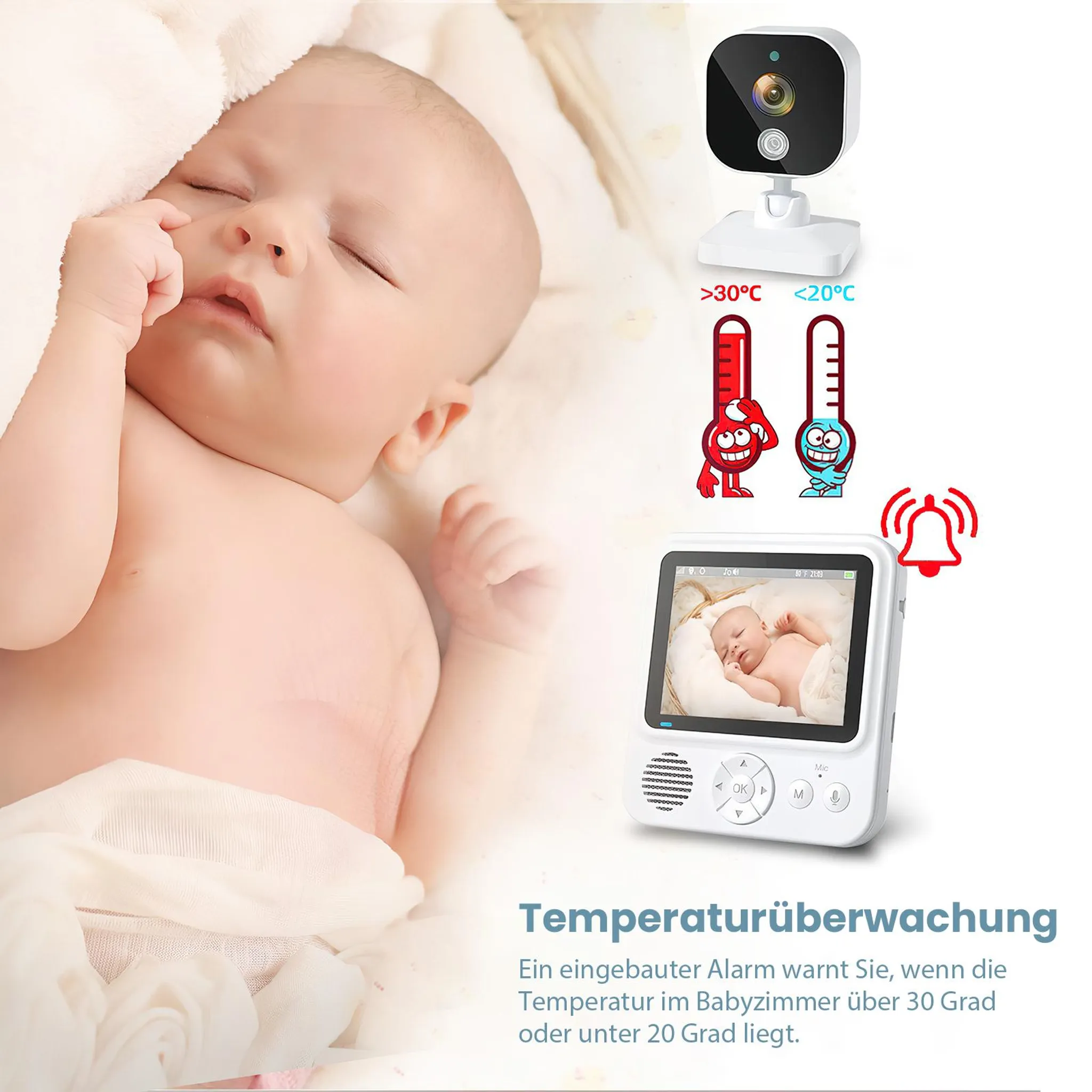 Ein schlafendes Baby neben einer Babykamera und einem Monitor mit Temperaturüberwachung.