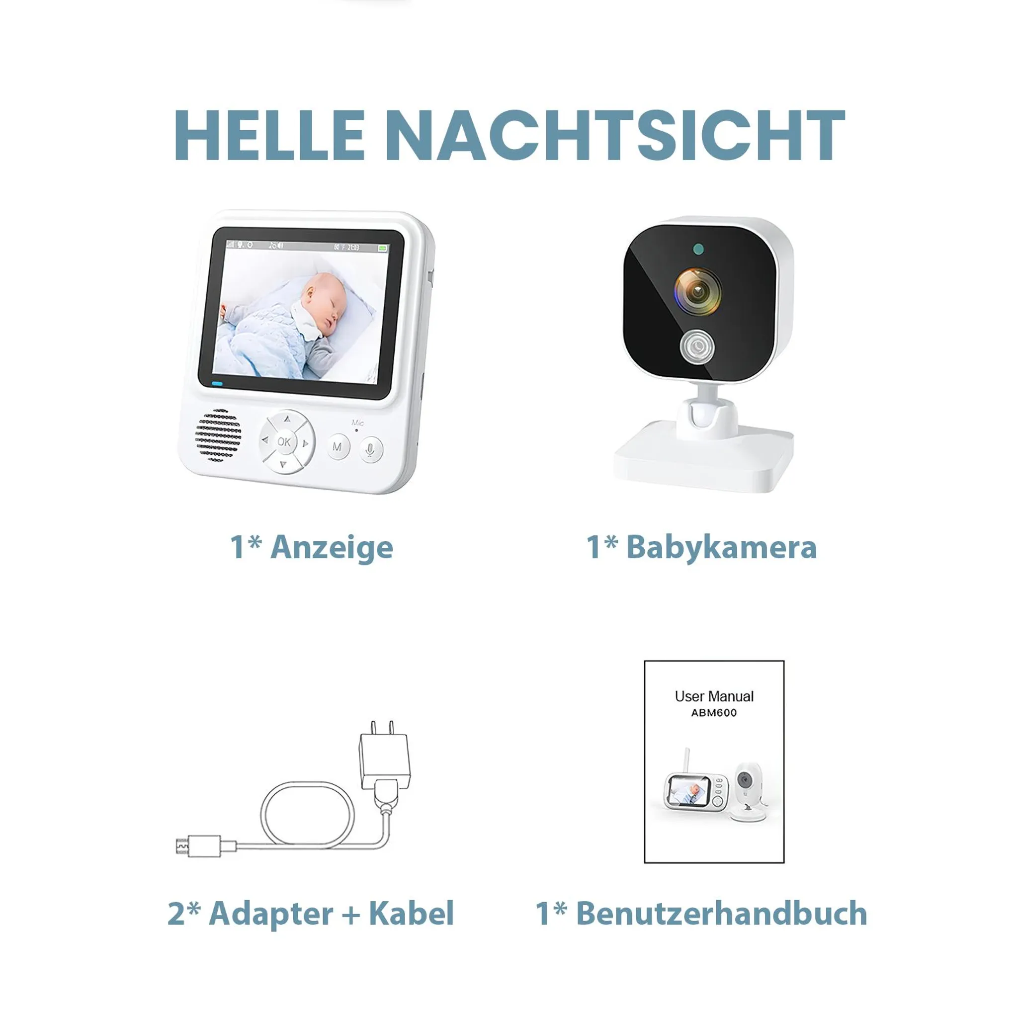 Ein Babyphone-Set mit Display, Kamera, zwei Kabeln mit Adaptern und einer Bedienungsanleitung.