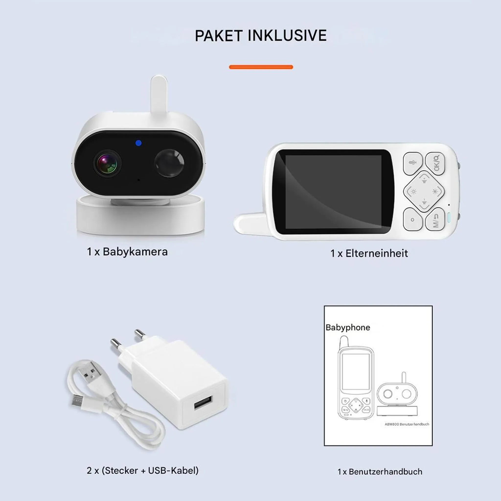 Paketinhalt: Babykamera, Elterneinheit, Stecker mit USB-Kabel und ein Benutzerhandbuch.
