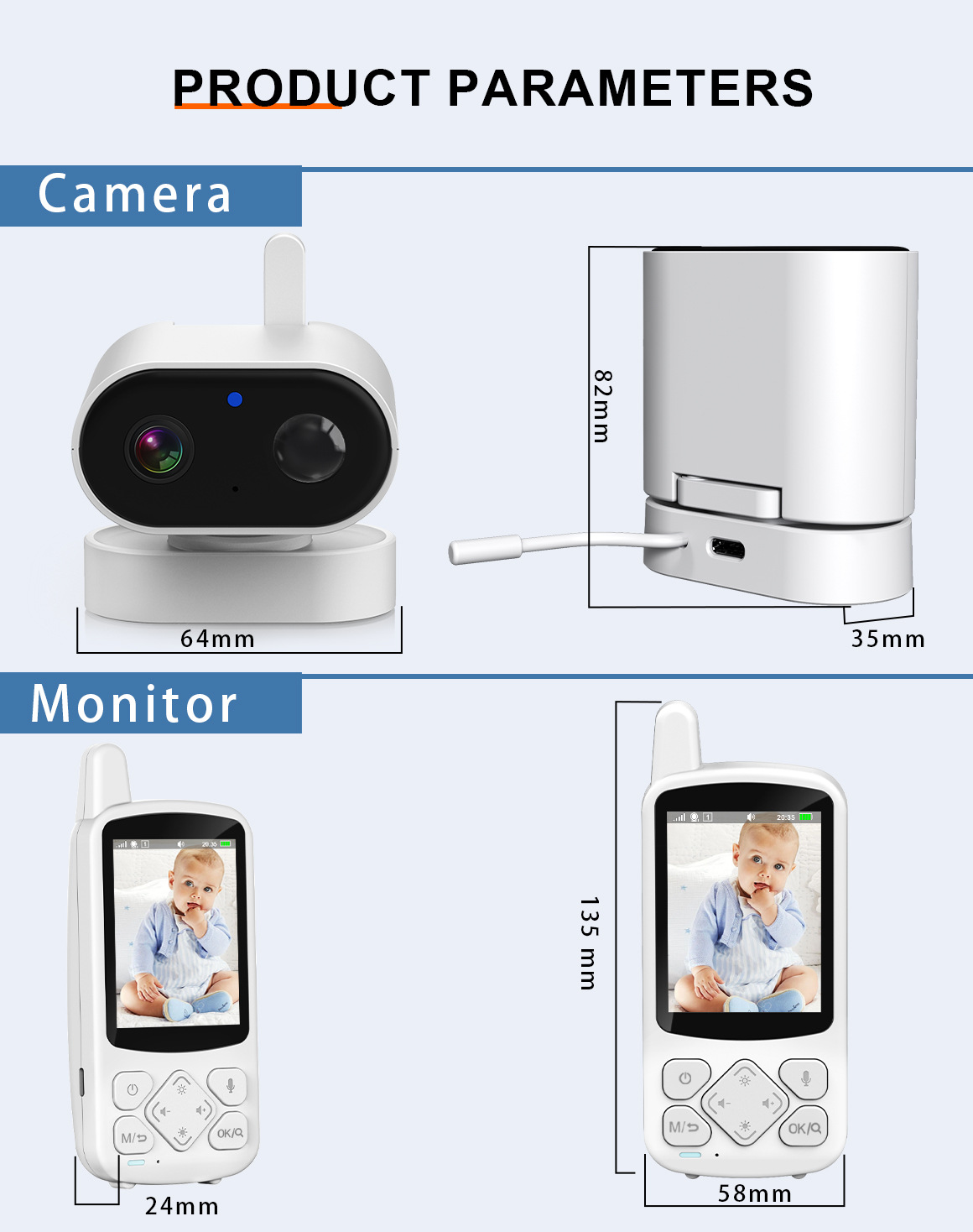 Produktparameter-Diagramm für eine weiße Babykamera und einen Monitor mit Maßangaben.