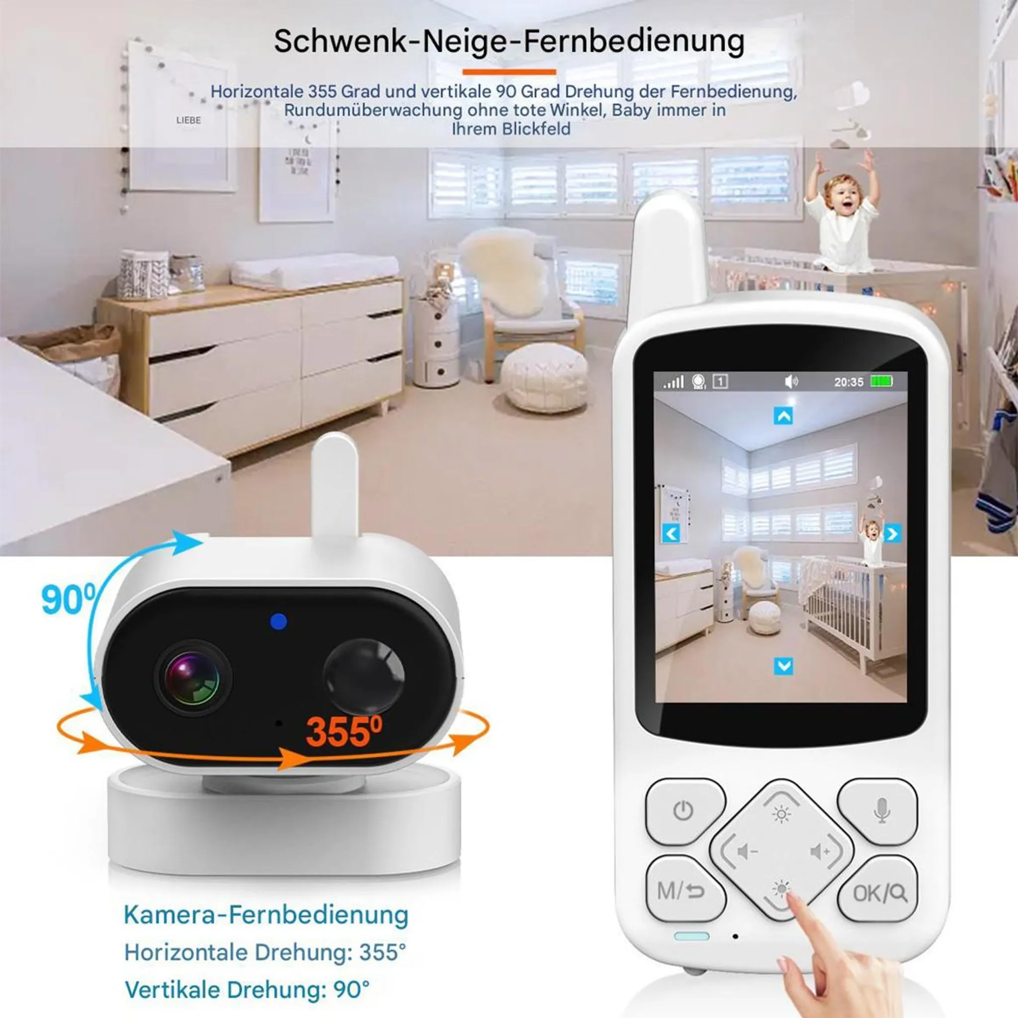 Babyphone mit drehbarer Kamera und Monitor zur Fernüberwachung des Kinderzimmers.