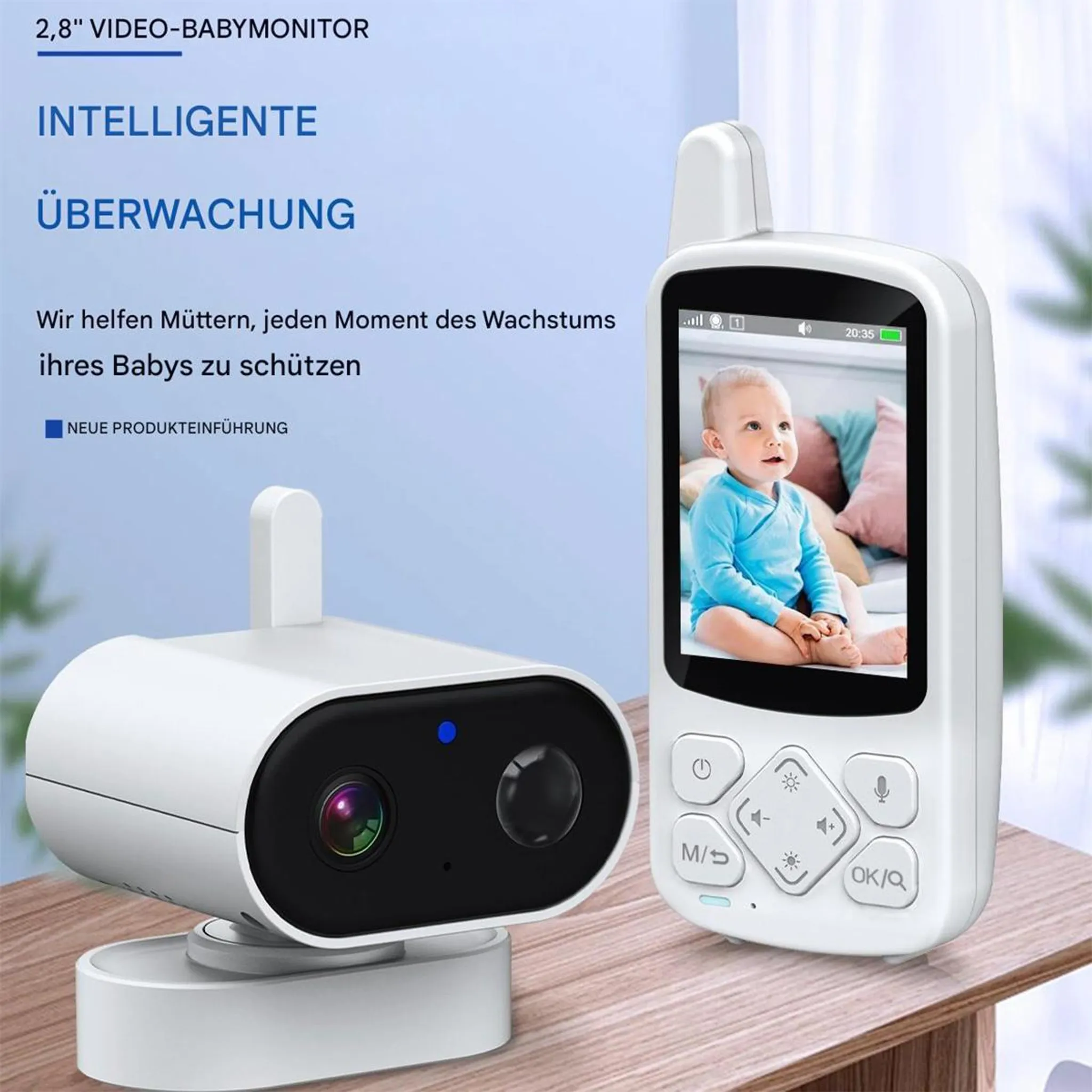 Ein weißer Video-Babyphone mit Kamera und Bildschirm zeigt ein Baby auf dem Display.