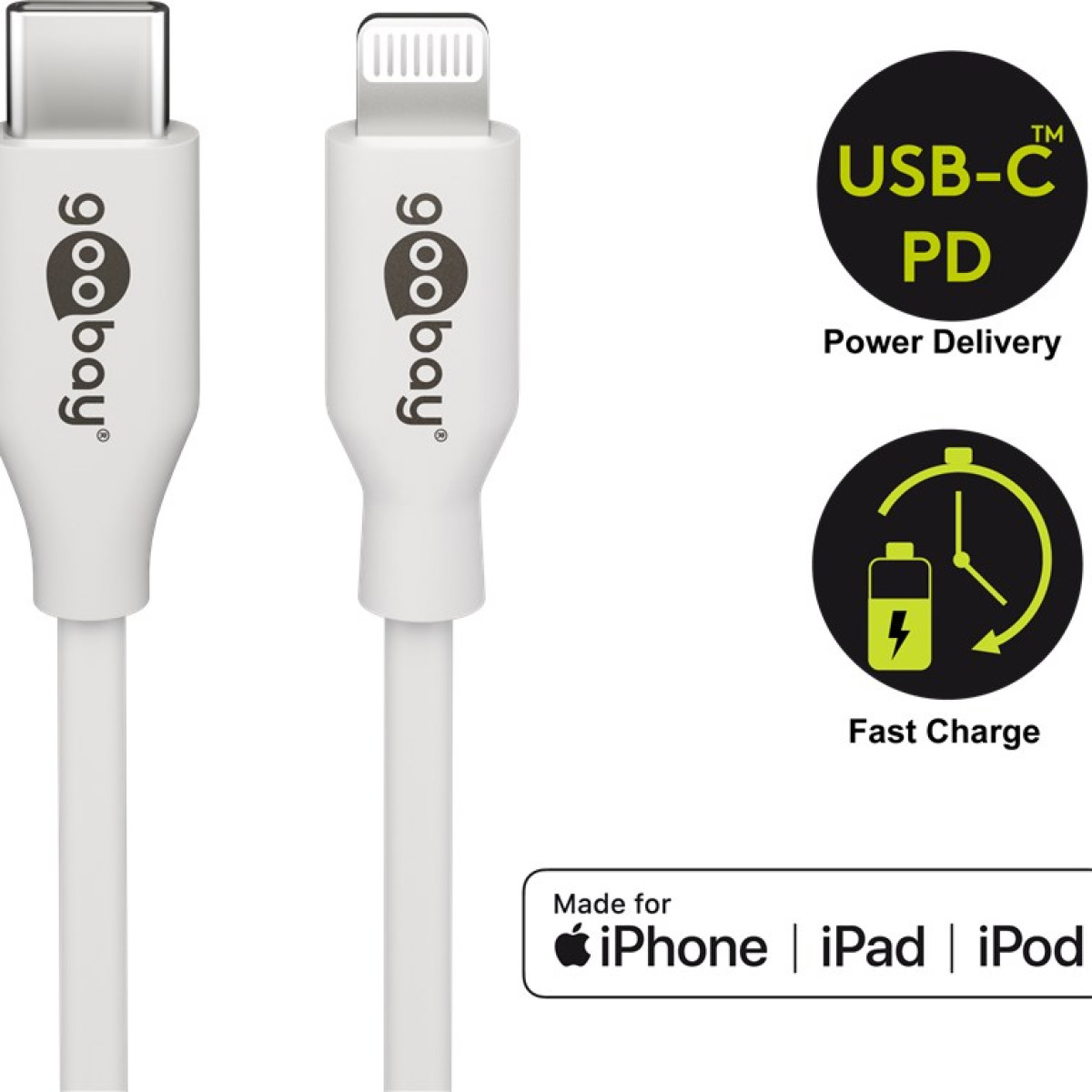 Cavo di ricarica bianco Goobay da USB-C a Lightning con icone per ricarica rapida.