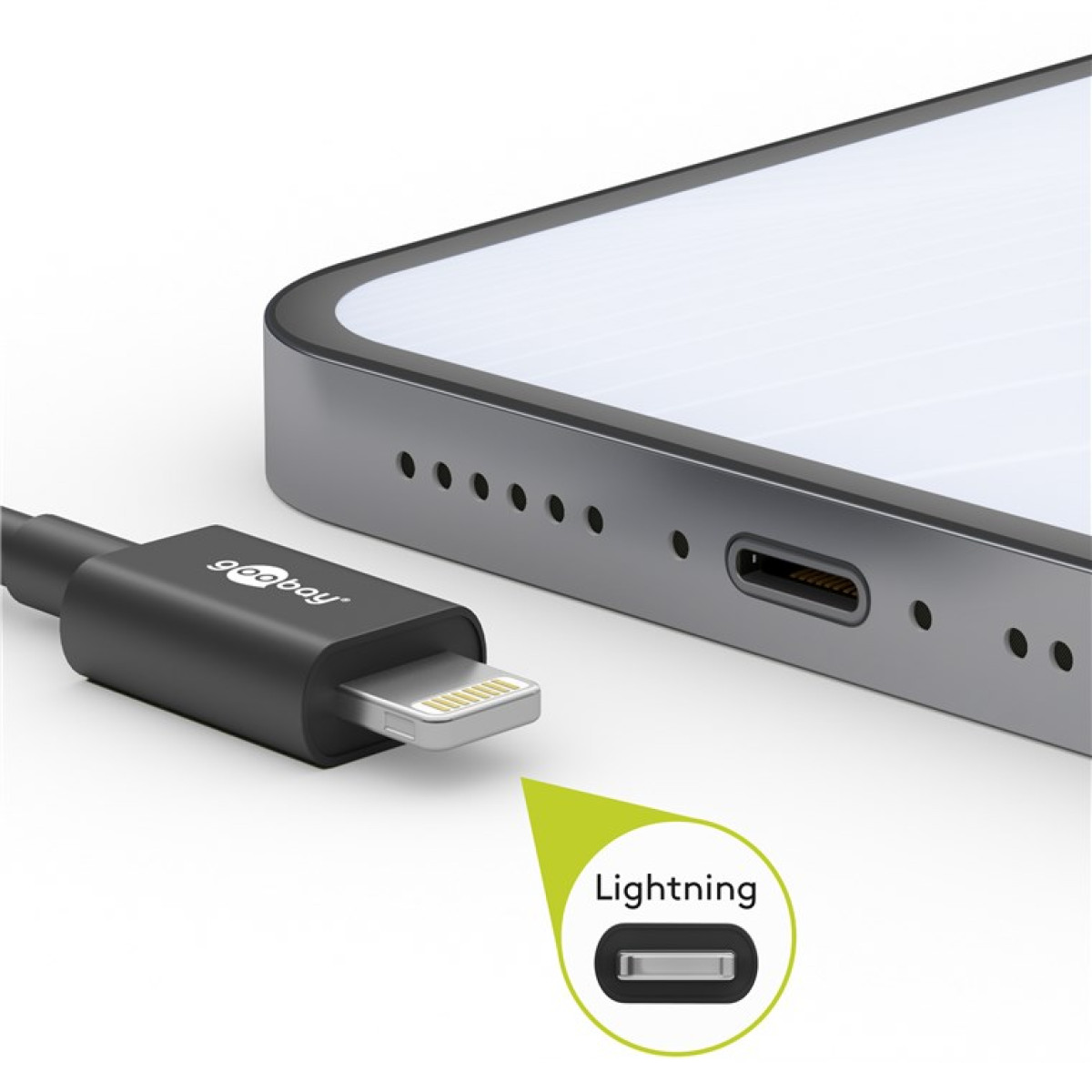 Primo piano di un cavo Lightning Goobay vicino alla porta di uno smartphone.