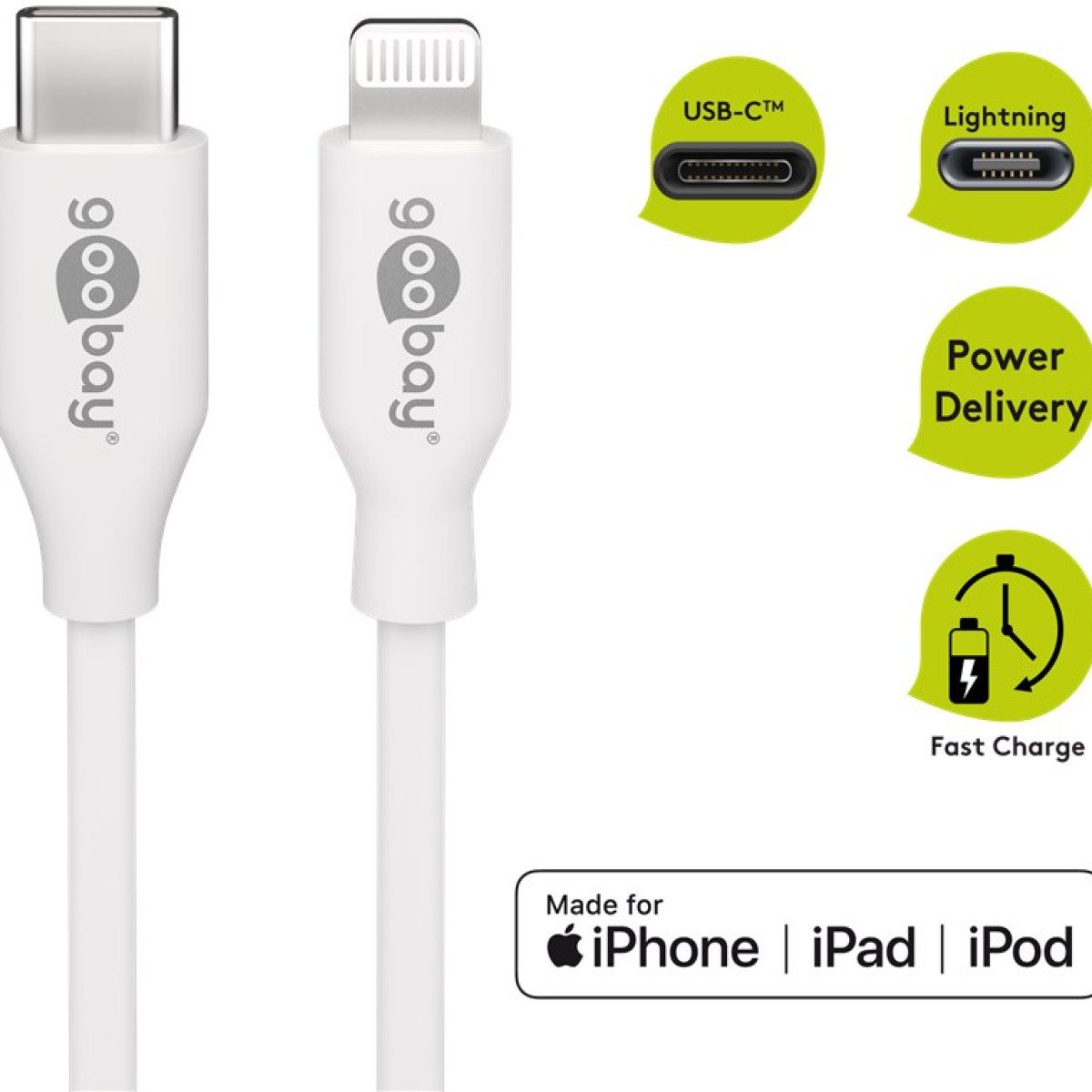 Cavo di ricarica Goobay da USB-C a Lightning con Power Delivery e ricarica rapida.