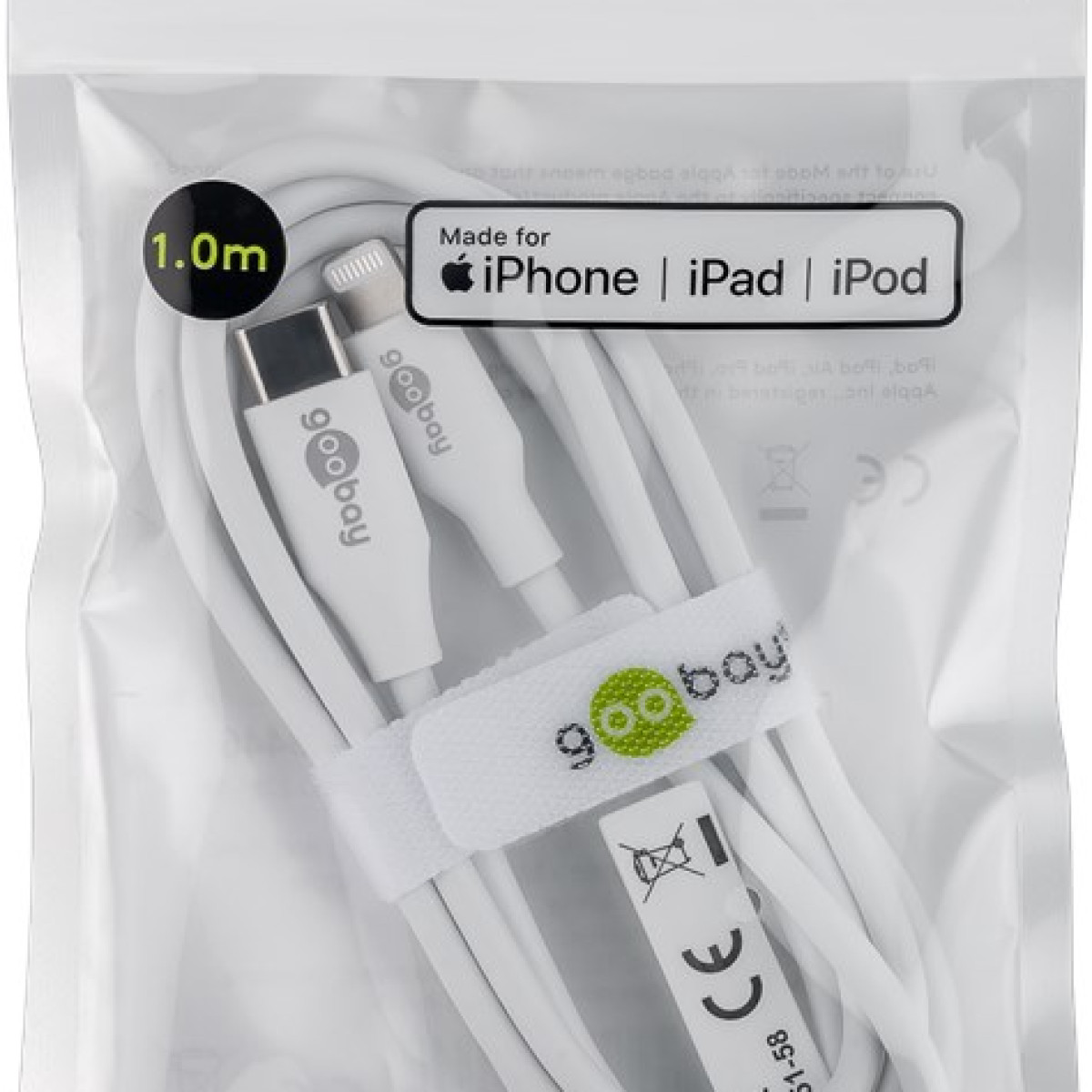 Un cavo bianco Goobay da USB-C a Lightning in un sacchetto di plastica con etichetta per iPhone, iPad e iPod.