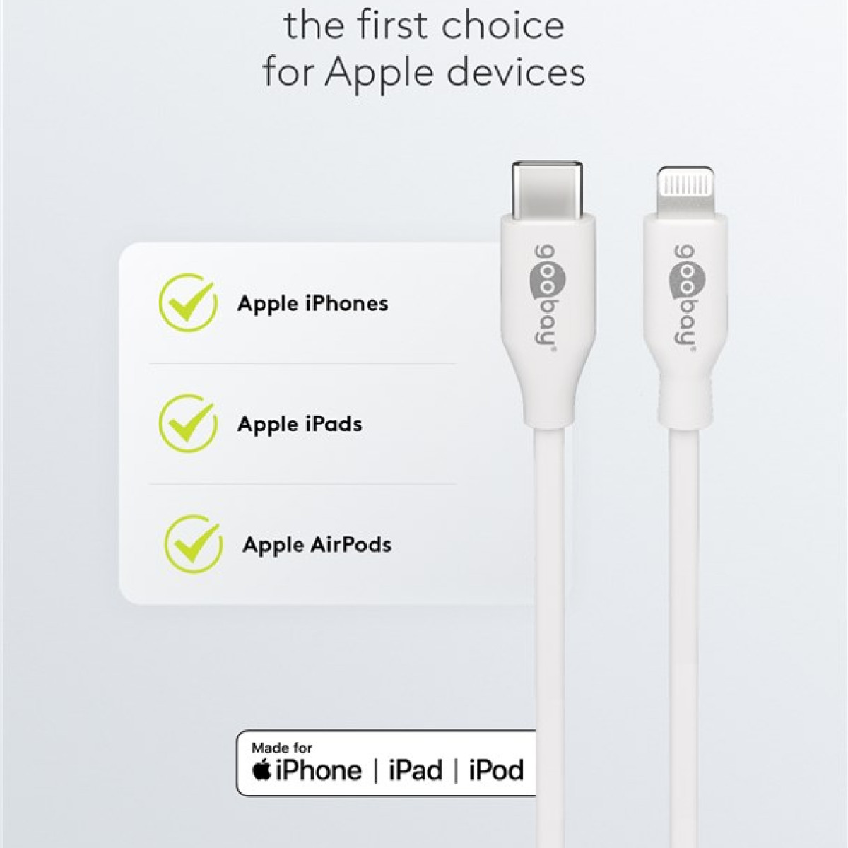 Cavo bianco da USB-C a Lightning con logo Goobay ed elenchi di compatibilità.