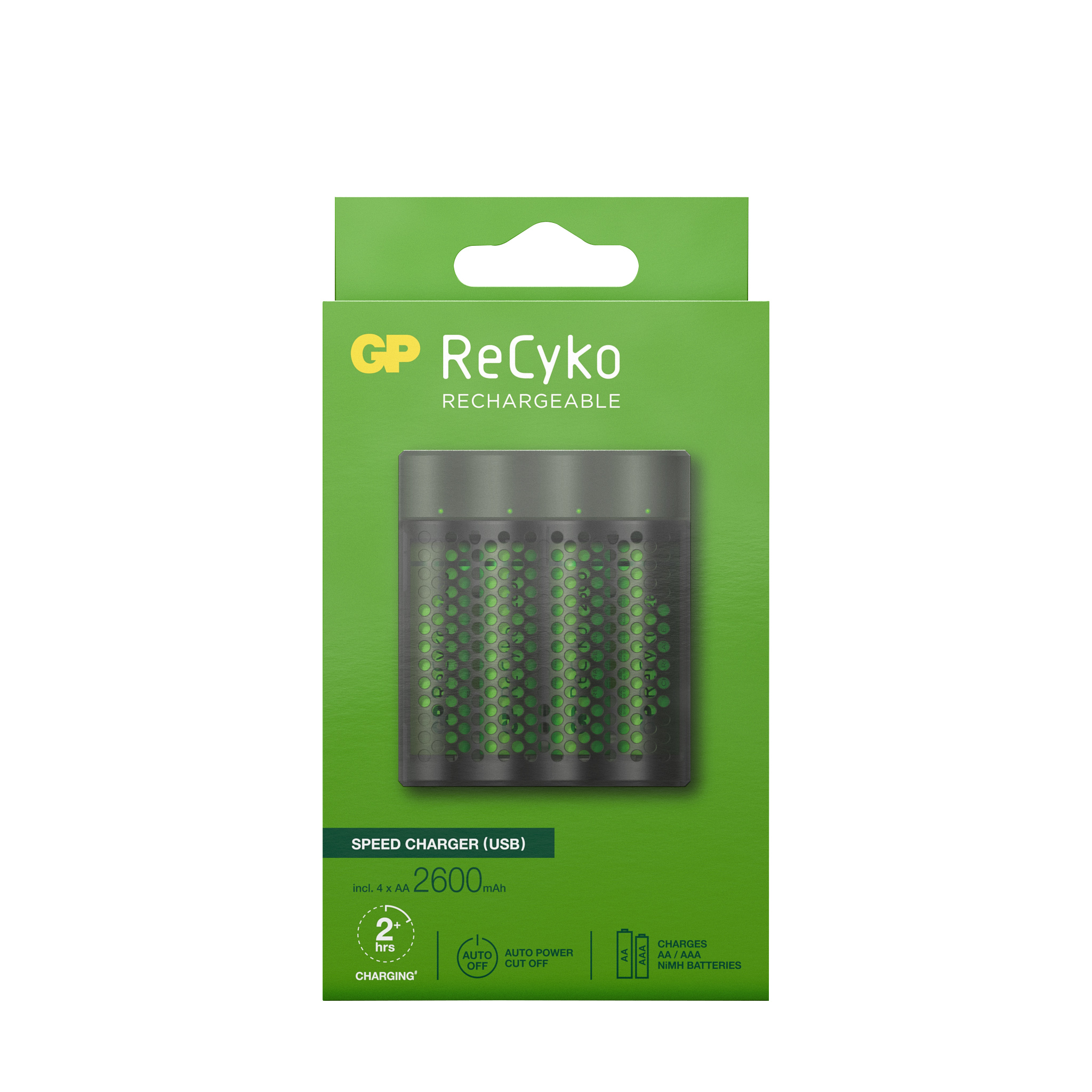 Empaque verde de cargador rápido USB GP ReCyko con cuatro pilas AA.