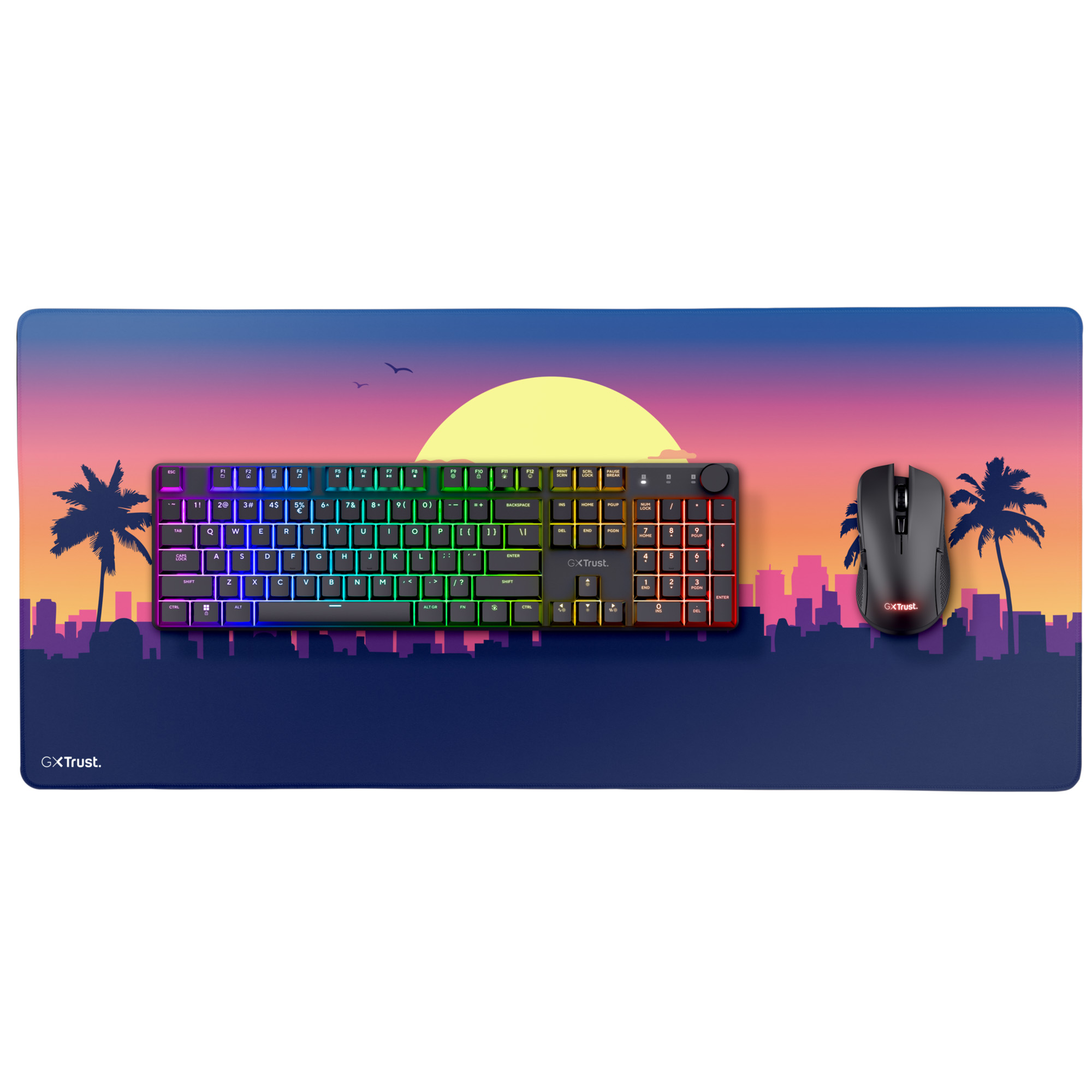 RGB-Tastatur und Maus auf einem Mousepad mit Neon-Stadt- und Palmenmotiv.