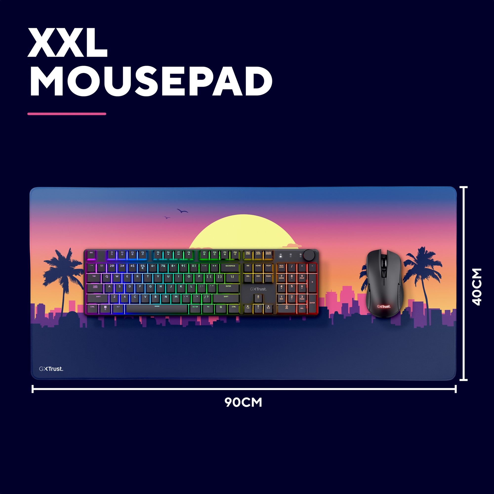 XXL-Mauspad mit einem Neon-Sonnenuntergang, einer Skyline und Palmen, ausgestattet mit Tastatur und Maus.