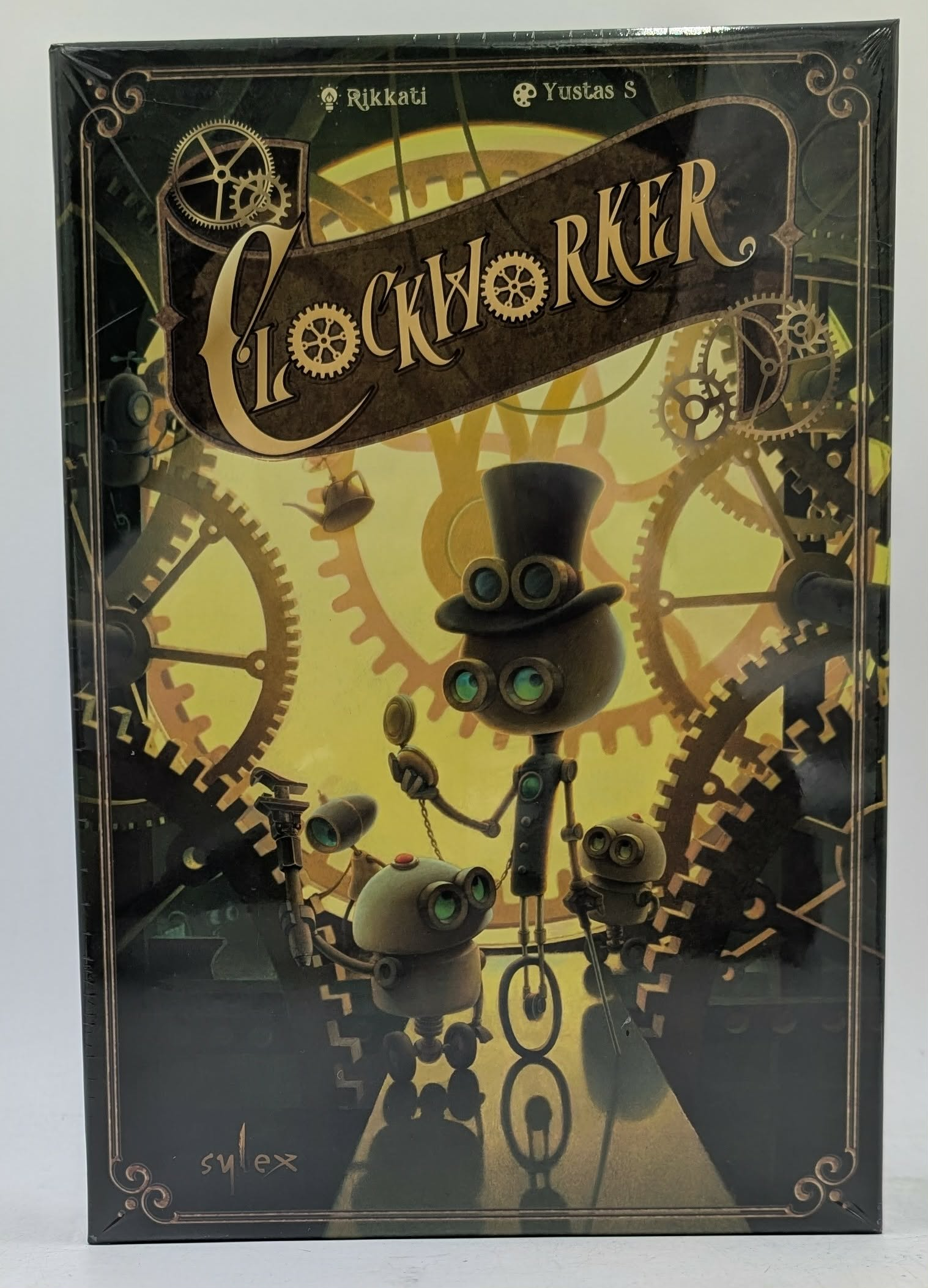Schachtelcover des Brettspiels Clockworker mit Steampunk-Robotern.