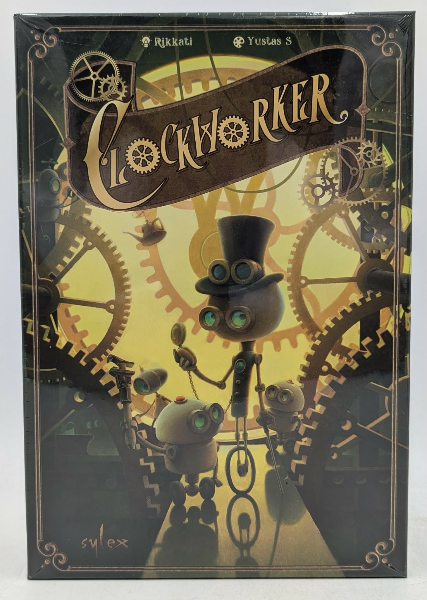 Brettspielcover Clockworker mit Robotern und Zahnrädern im Hintergrund.