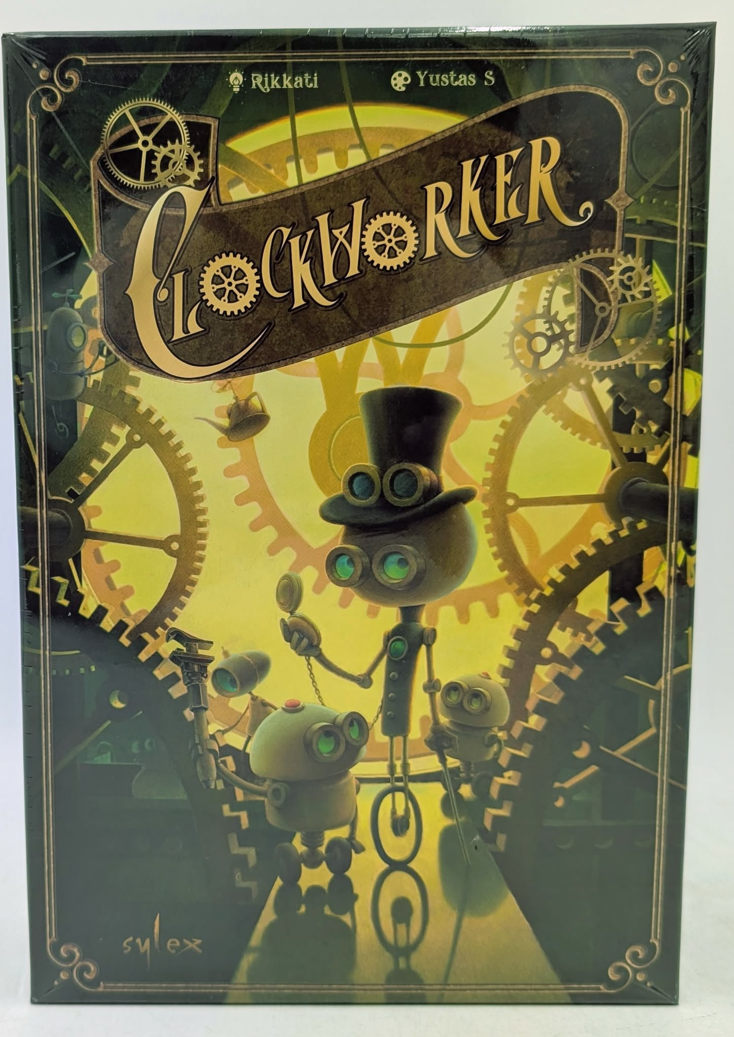 Brettspiel-Cover von Clockworker mit Robotern und goldenen Zahnrädern auf gelbem Hintergrund.