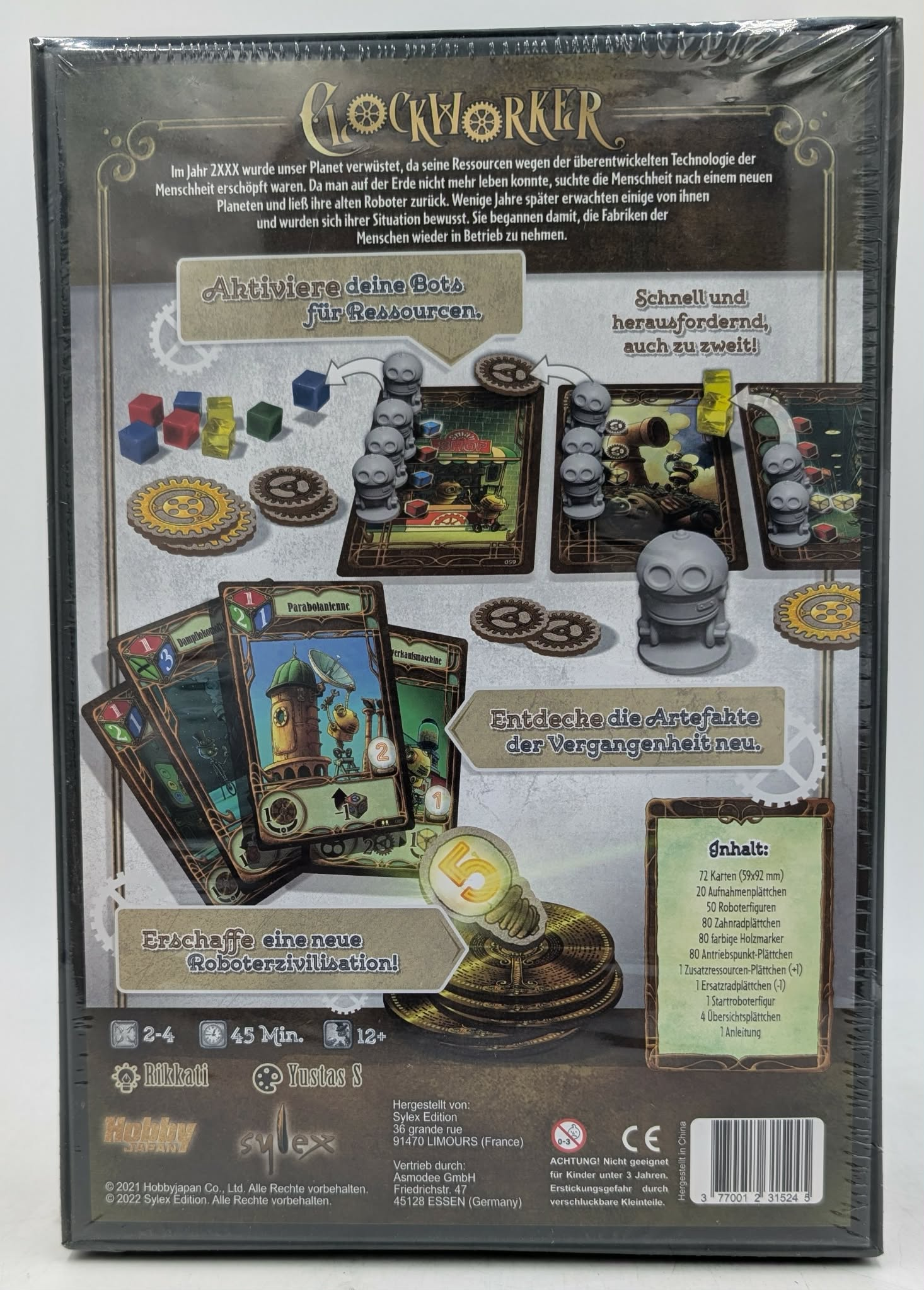 Rückseite der Brettspielverpackung Clockworker mit Karten, Robotern und Regeln auf Deutsch.