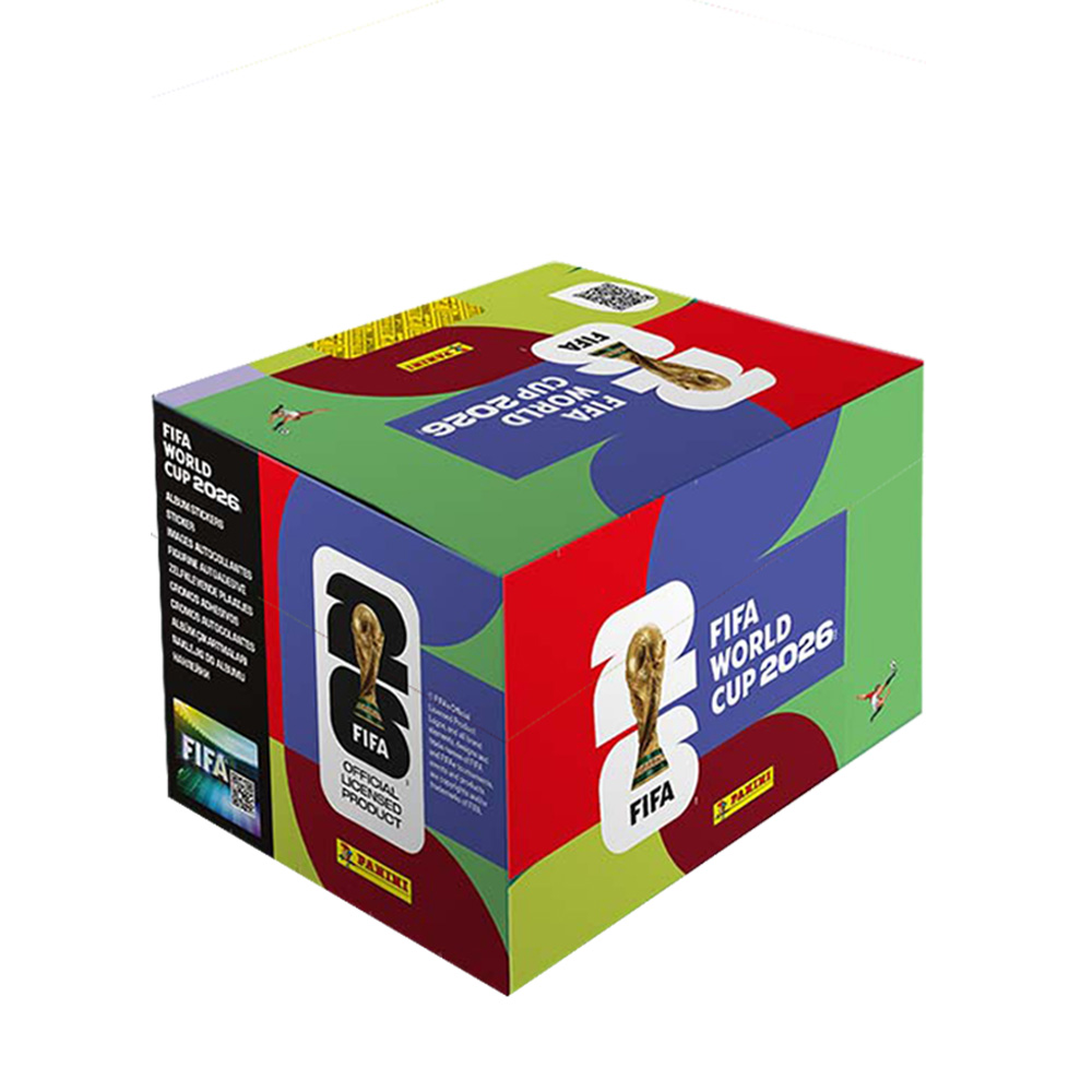 Eine bunte FIFA World Cup 2026 Stickerbox mit grünen, roten und blauen Farbflächen und dem offiziellen Pokal.