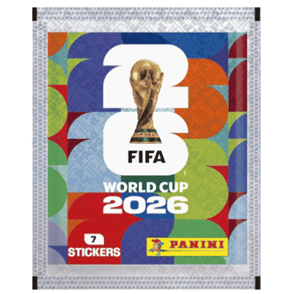 Panini FIFA World Cup 2026 Stickerpack mit bunten Mustern, der Trophäe und sieben Stickern.