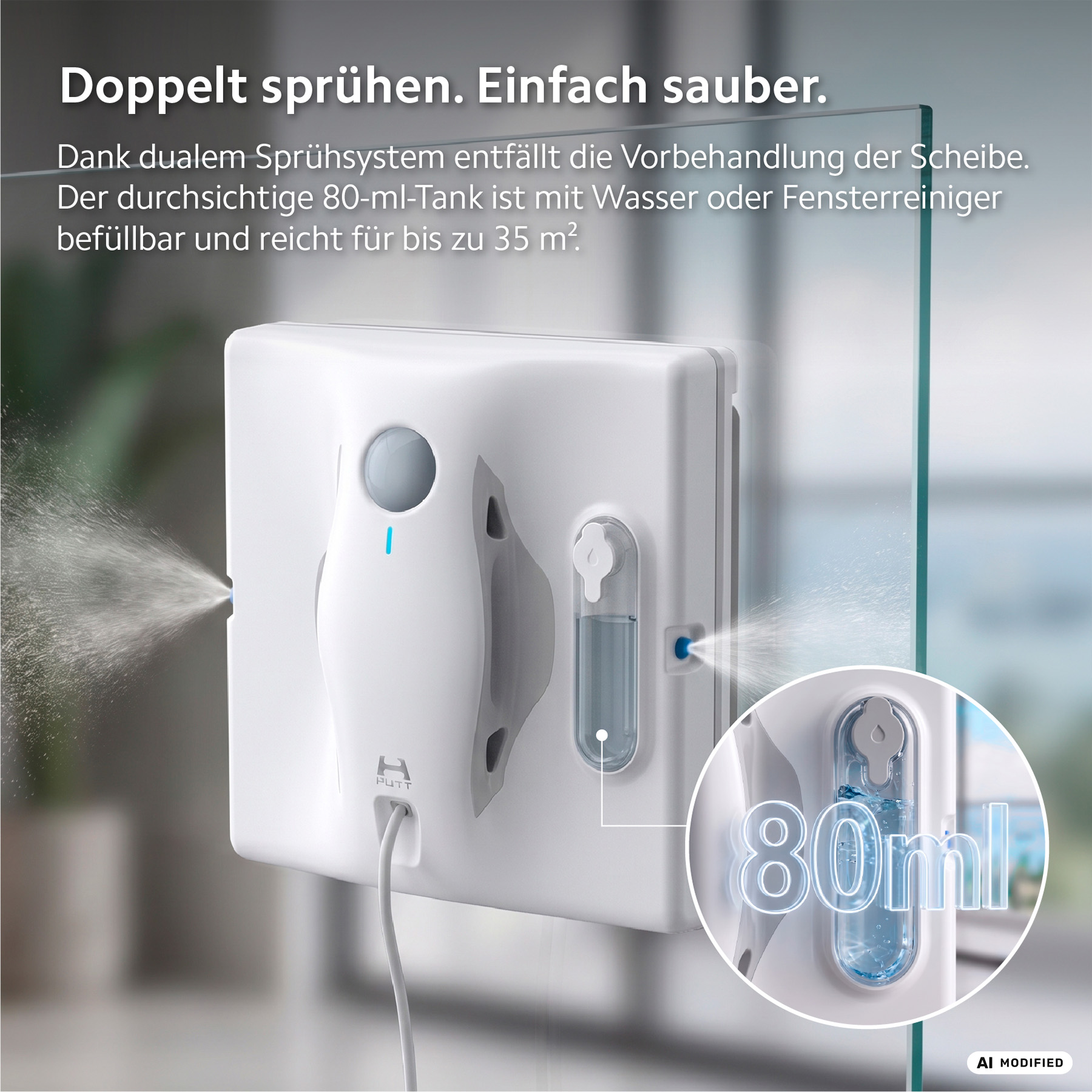 Un robot pulisci vetri bianco con doppia funzione spray e serbatoio da 80 ml su un vetro.