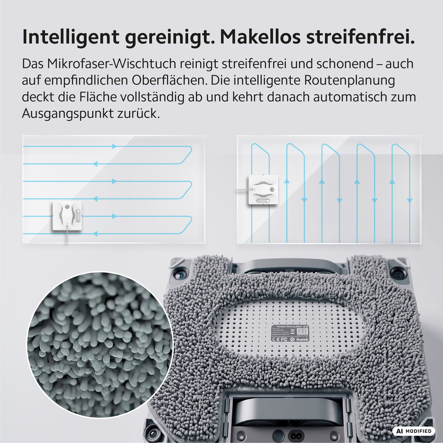 Robot pulisci vetri intelligente con panno in microfibra e percorsi.