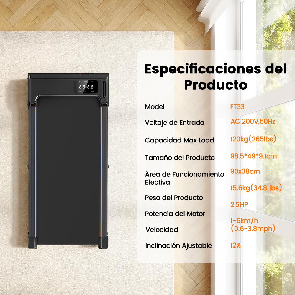 Caminadora negra sobre alfombra clara con tabla de especificaciones del producto al lado.