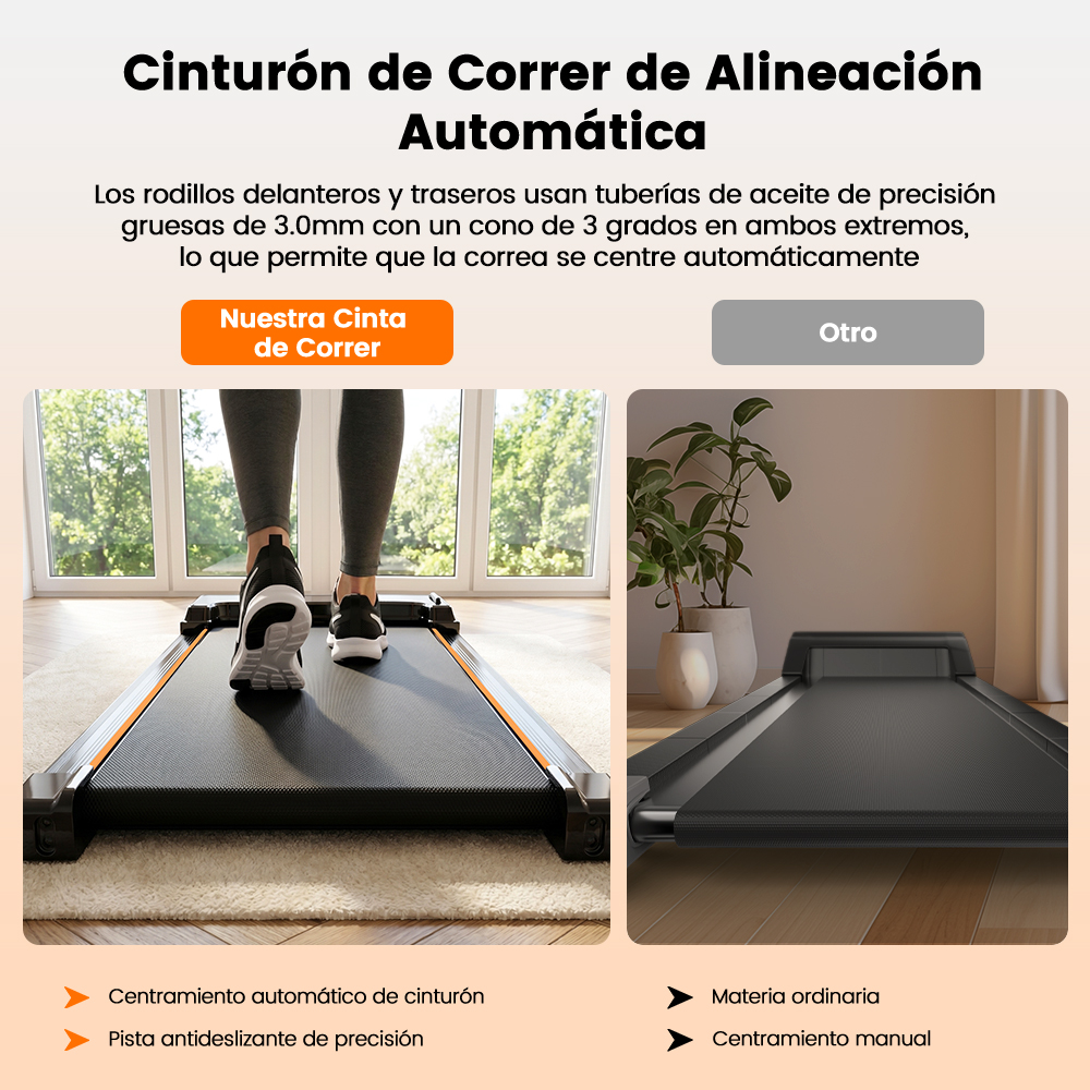 Comparación de una cinta de correr con alineación automática frente a una estándar.