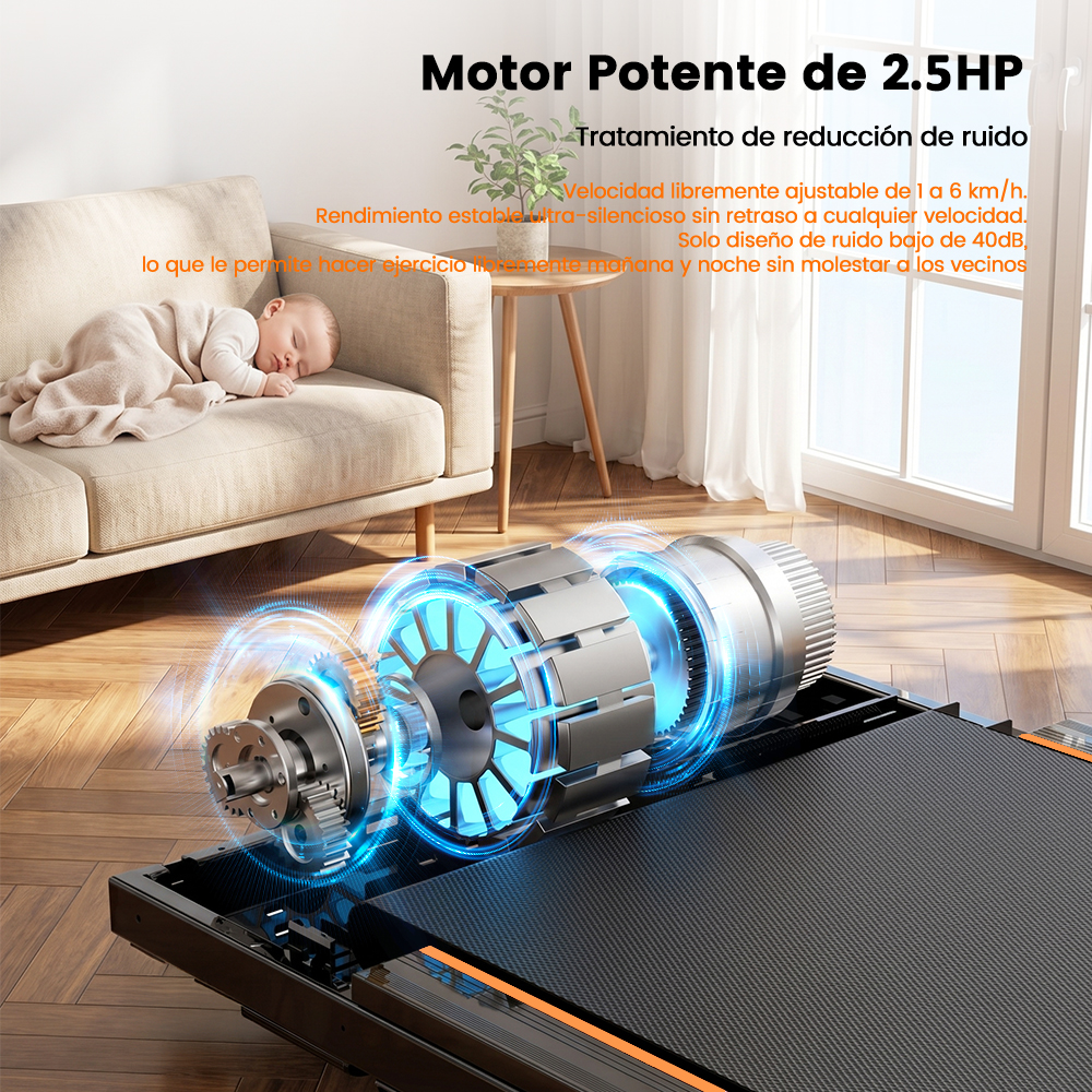 Un potente motor de cinta de correr de 2.5HP con iluminación azul, junto a un sofá con un bebé durmiendo.