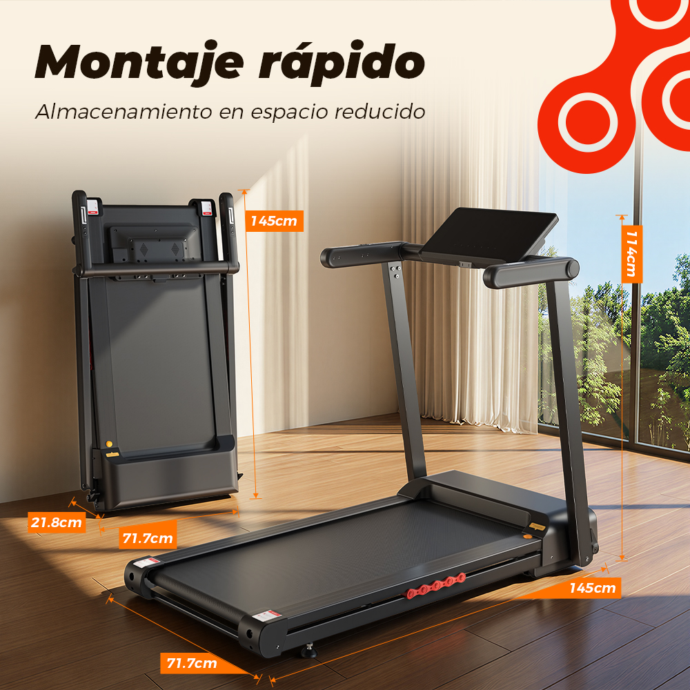 Cinta de correr negra plegable mostrada en estados desplegado y plegado con dimensiones en suelo de madera.