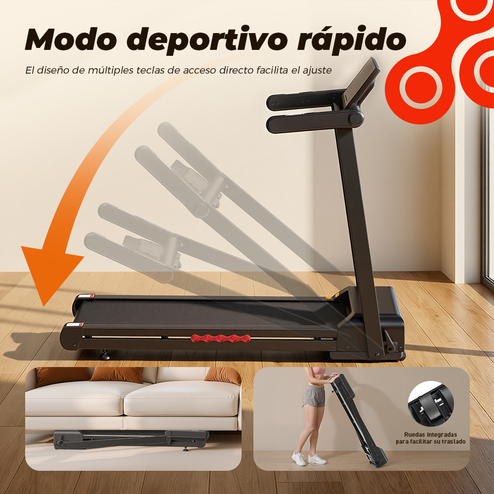 Una caminadora negra en suelo de madera con función plegable y ruedas.