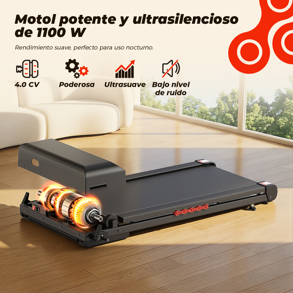 Cinta de correr con carcasa de motor abierta y texto publicitario.