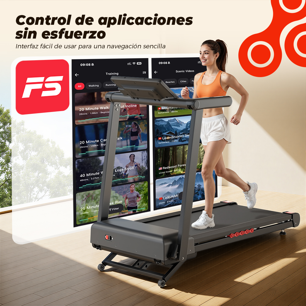 Una mujer con ropa deportiva corre en una caminadora, con una interfaz de aplicación de fitness de fondo.