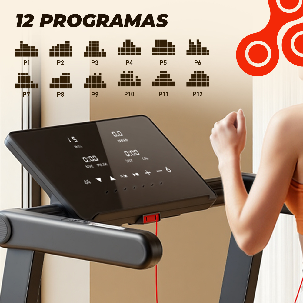 Consola de cinta de correr con 12 programas y una persona de perfil.
