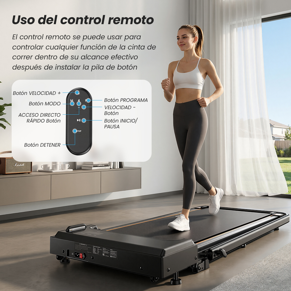 Una mujer en ropa deportiva corre en una caminadora junto a una ventana, junto a un diagrama de control remoto.