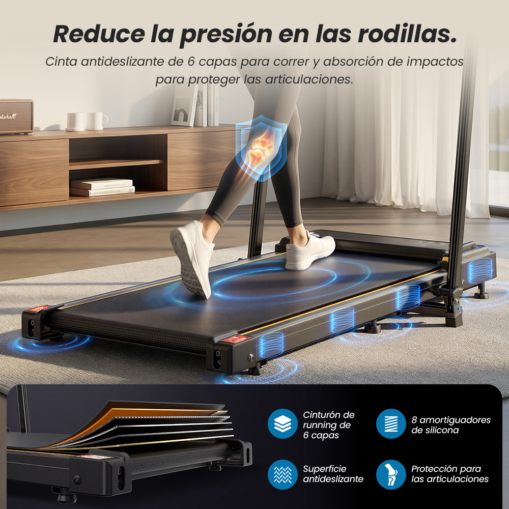 Persona corriendo en una caminadora con absorción de impactos y rodillas. Texto en español arriba y abajo.