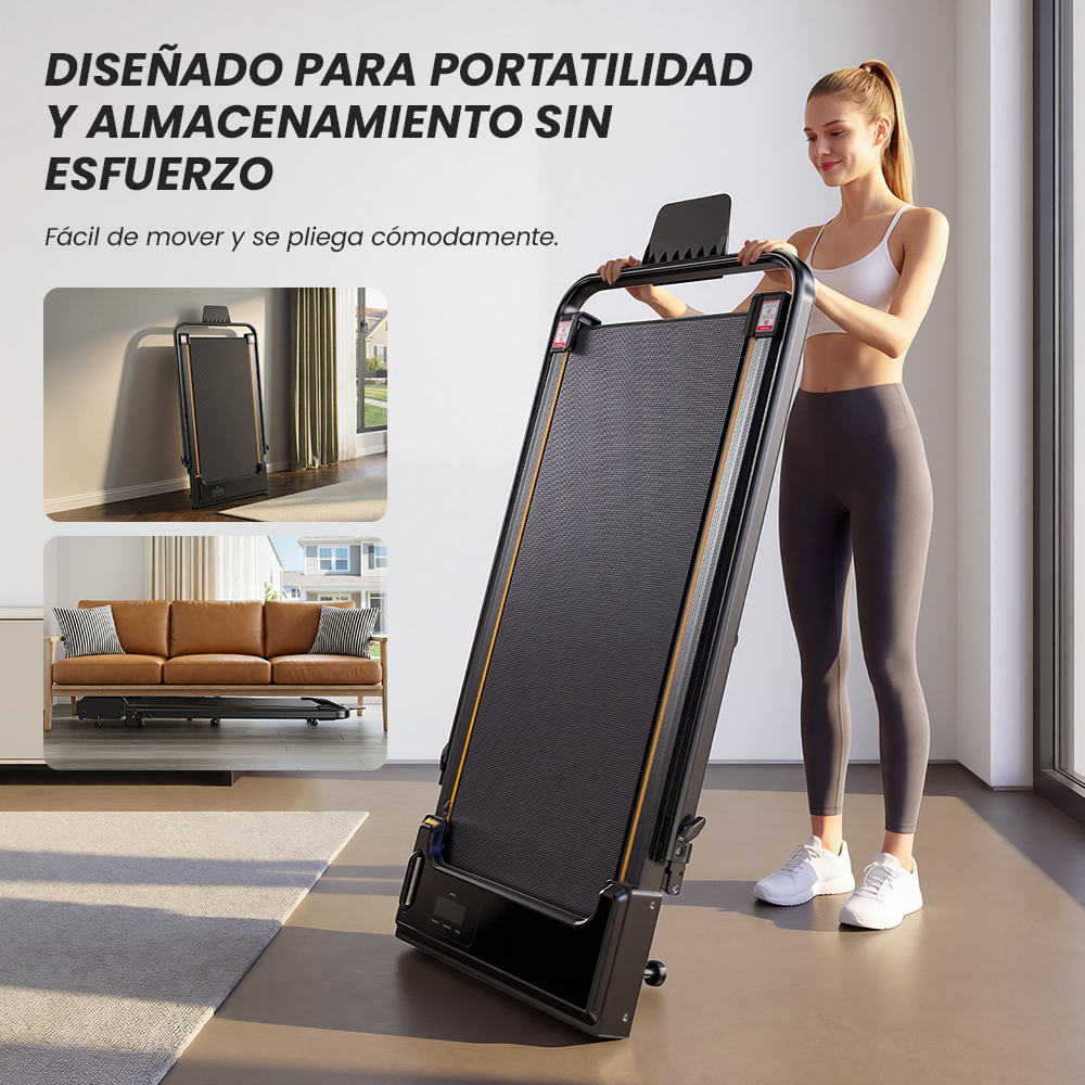 Una mujer pliega una caminadora negra. Las inserciones muestran la caminadora vertical contra la pared y bajo un sofá.