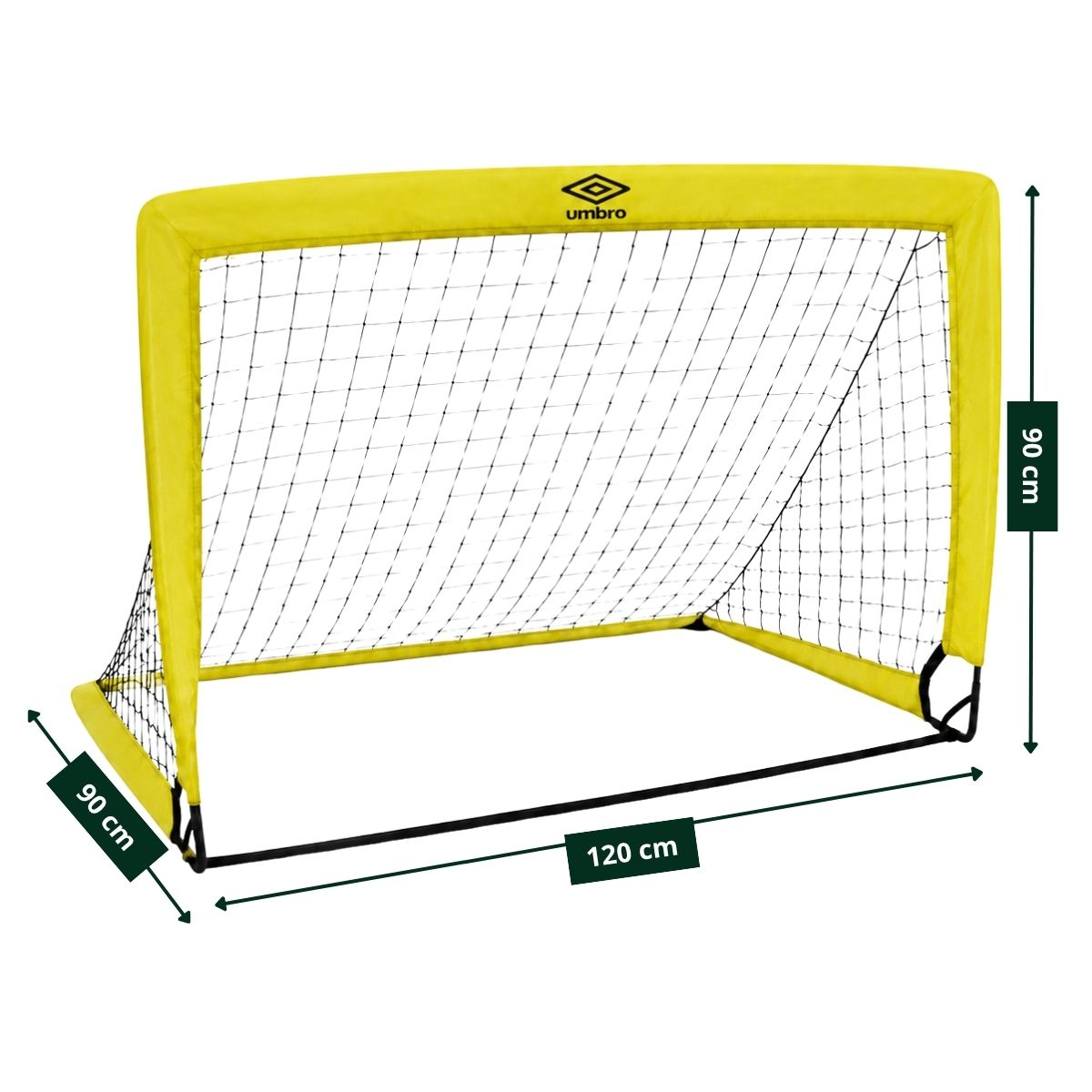 Gelbes Umbro-Fußballtor mit Netz, 120 cm breit, 90 cm hoch und 90 cm tief auf weißem Hintergrund.