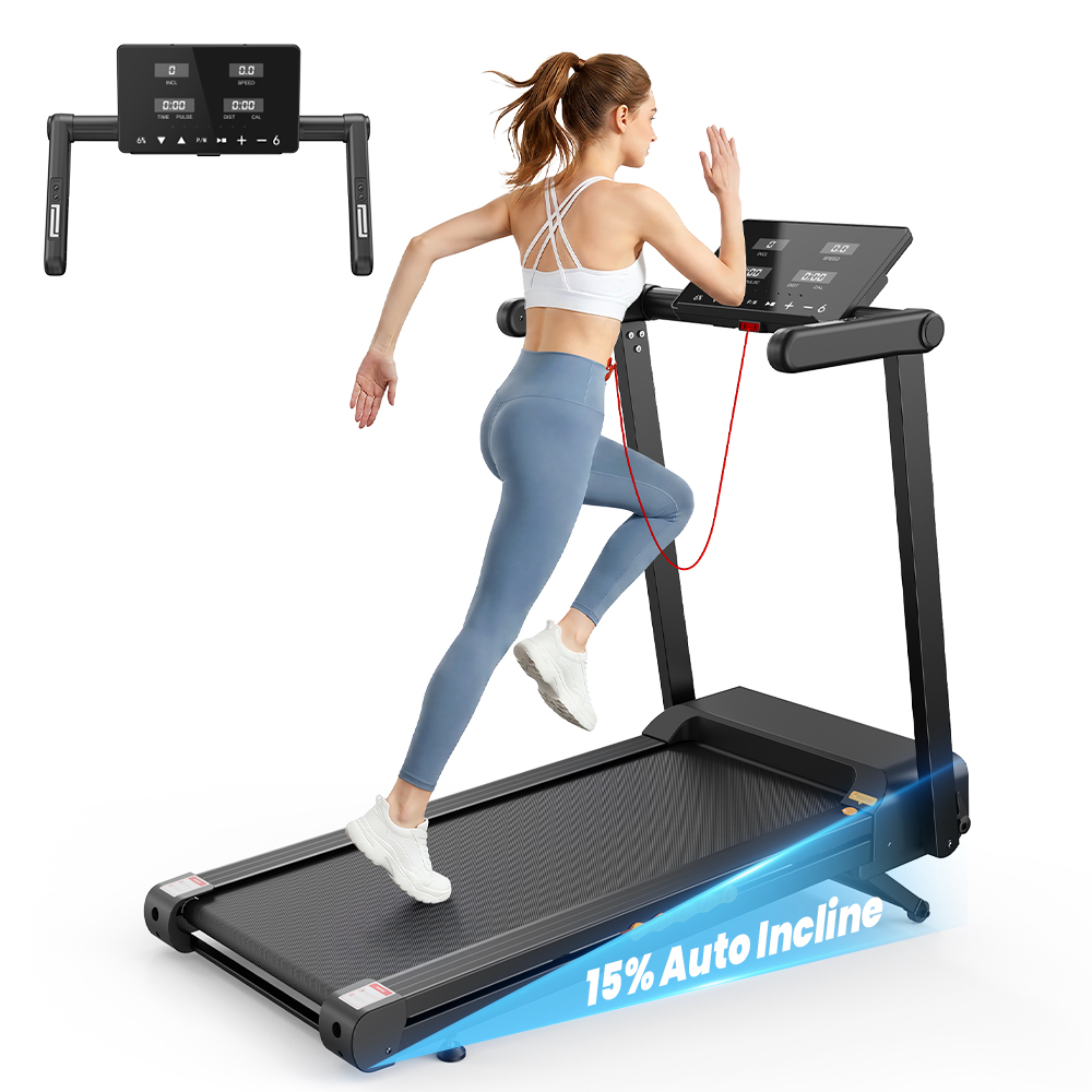 Mujer corriendo en una caminadora negra con pantalla digital e inclinación automática del 15%.