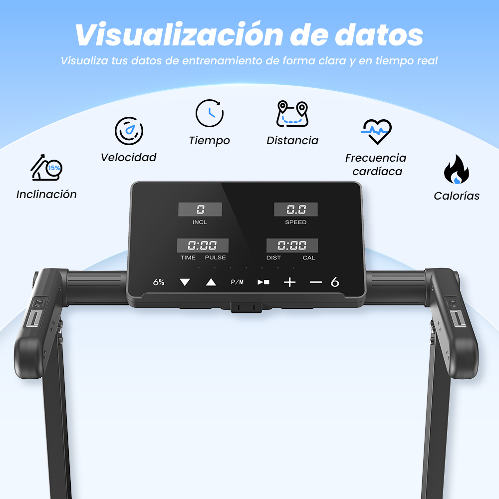 Panel de control de caminadora que muestra métricas digitales con iconos de inclinación, velocidad, tiempo y calorías.