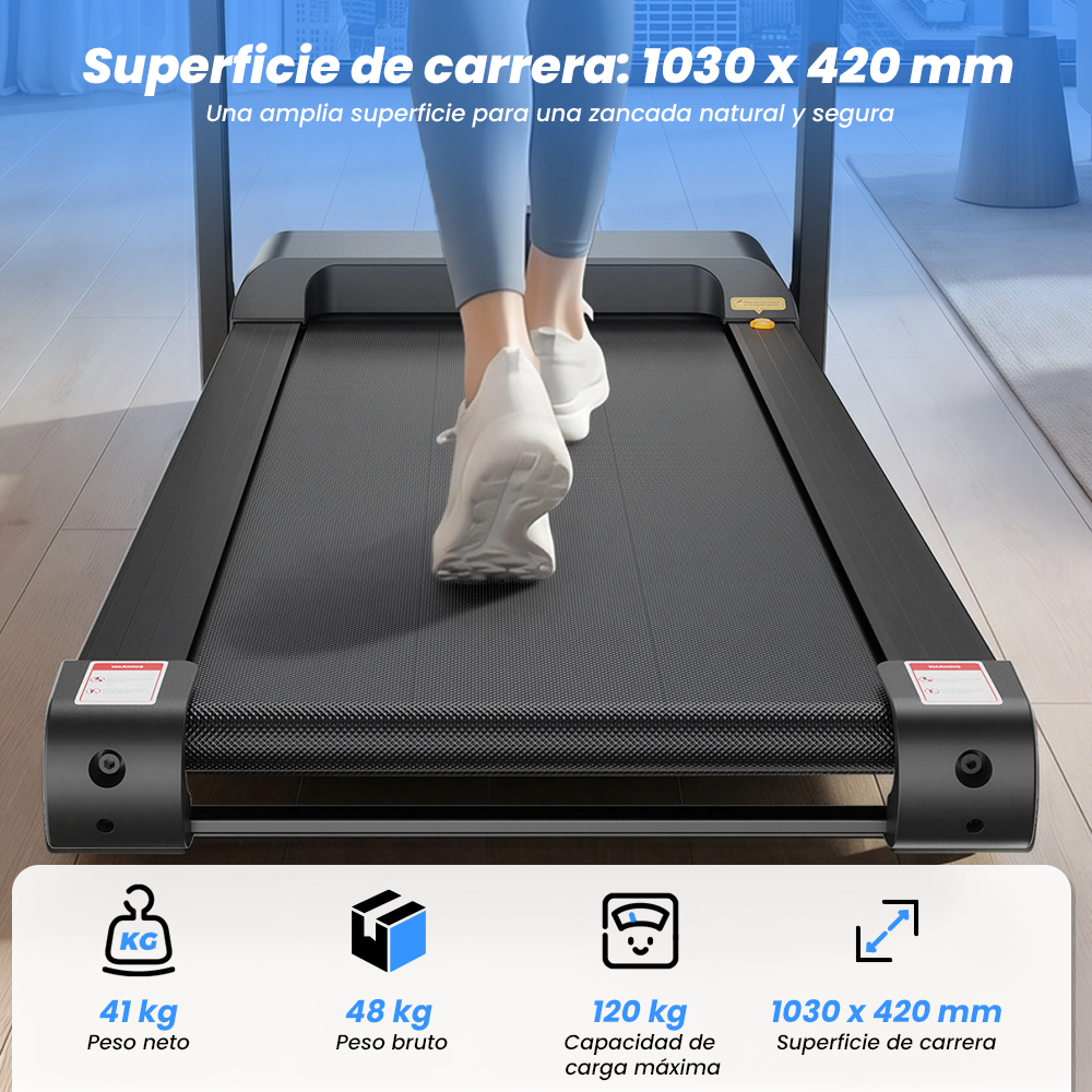 Cinta de correr con persona en zapatillas blancas, mostrando superficie y especificaciones.