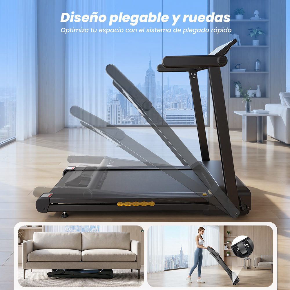 Una caminadora negra plegable mostrada en varias posiciones, destacando su diseño compacto.